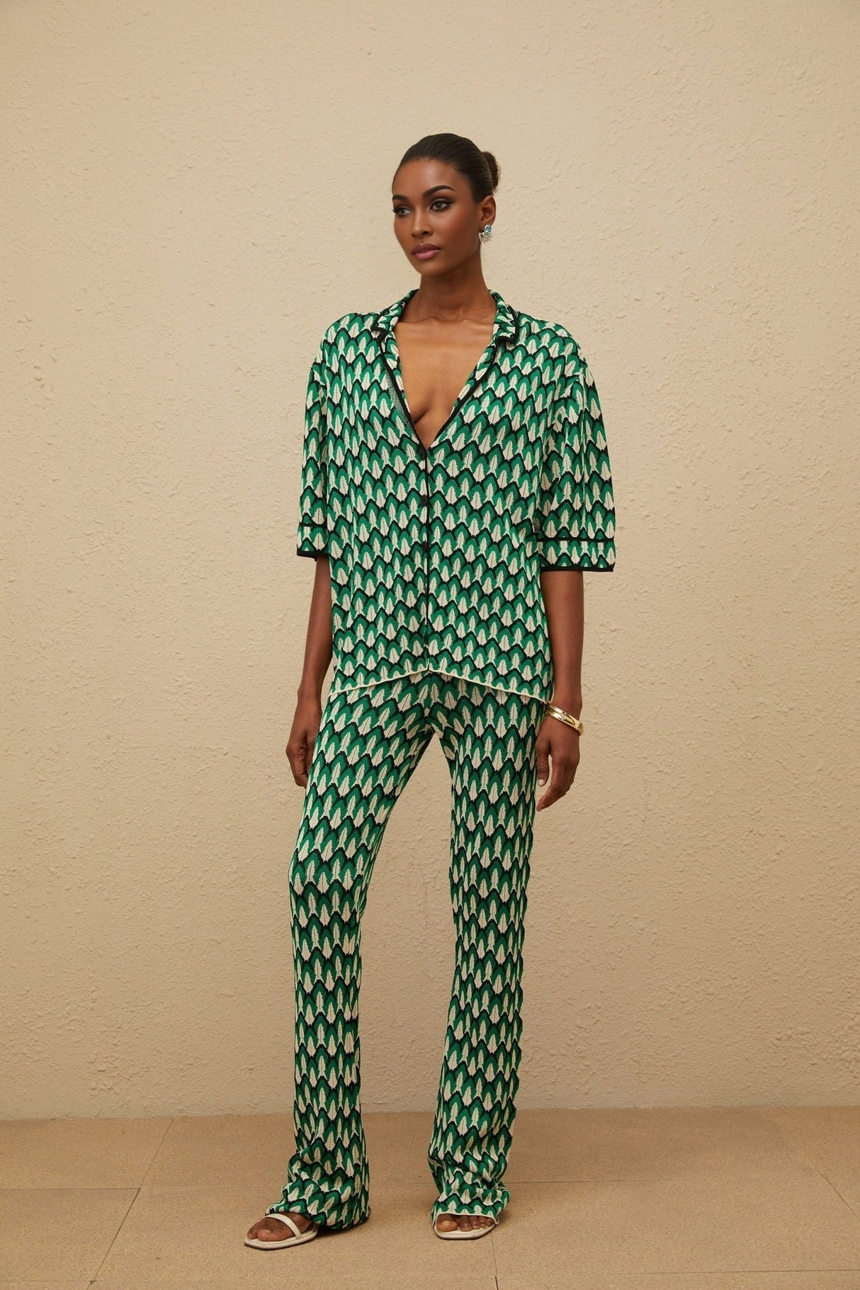 Samantha Shirt & Trousers Set - Crochet Knit - Patterned Jacquard - Notched Lapels - Half Sleeves - Maxi Length
