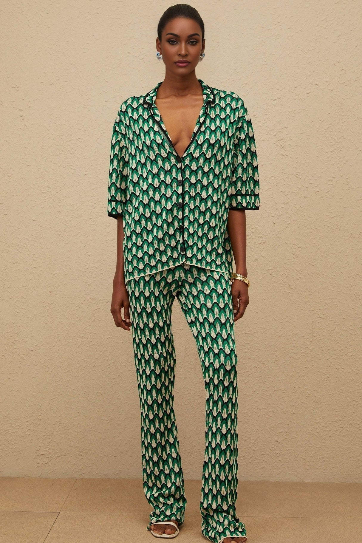 Samantha Shirt & Trousers Set - Crochet Knit - Patterned Jacquard - Notched Lapels - Half Sleeves - Maxi Length