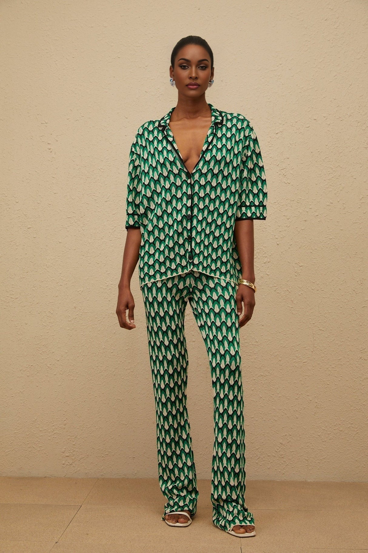 Samantha Shirt & Trousers Set - Crochet Knit - Patterned Jacquard - Notched Lapels - Half Sleeves - Maxi Length