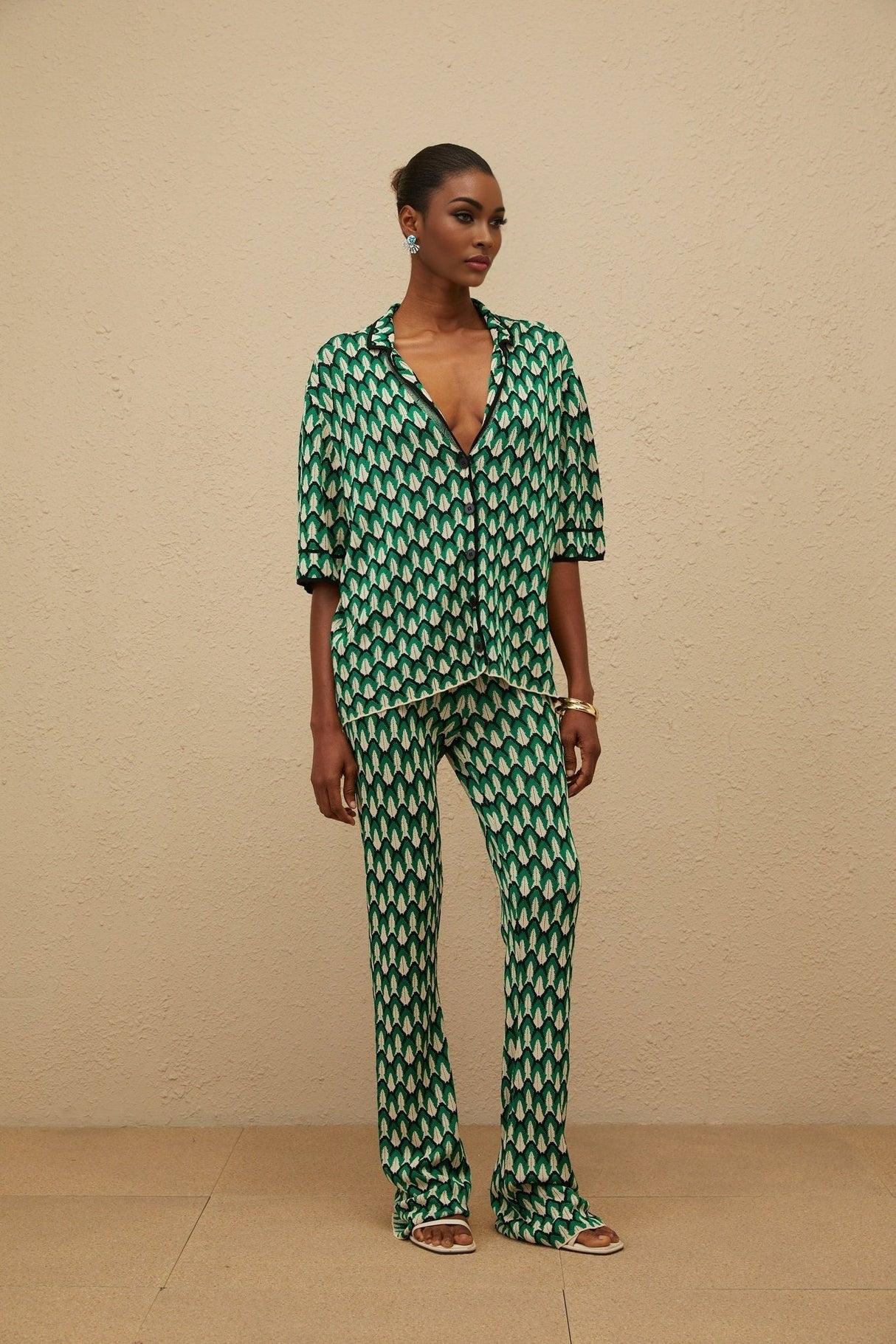 Samantha Shirt & Trousers Set - Crochet Knit - Patterned Jacquard - Notched Lapels - Half Sleeves - Maxi Length