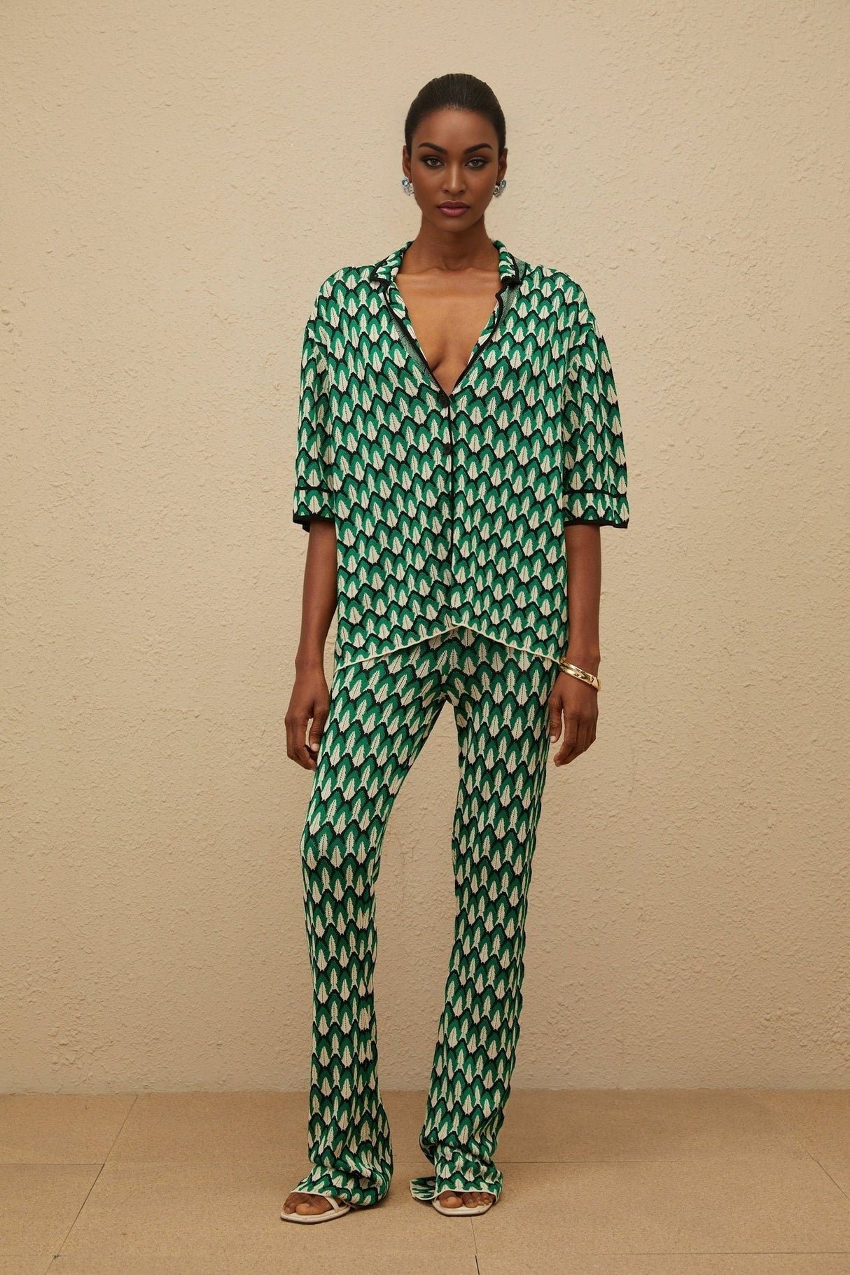 Samantha Shirt & Trousers Set - Crochet Knit - Patterned Jacquard - Notched Lapels - Half Sleeves - Maxi Length