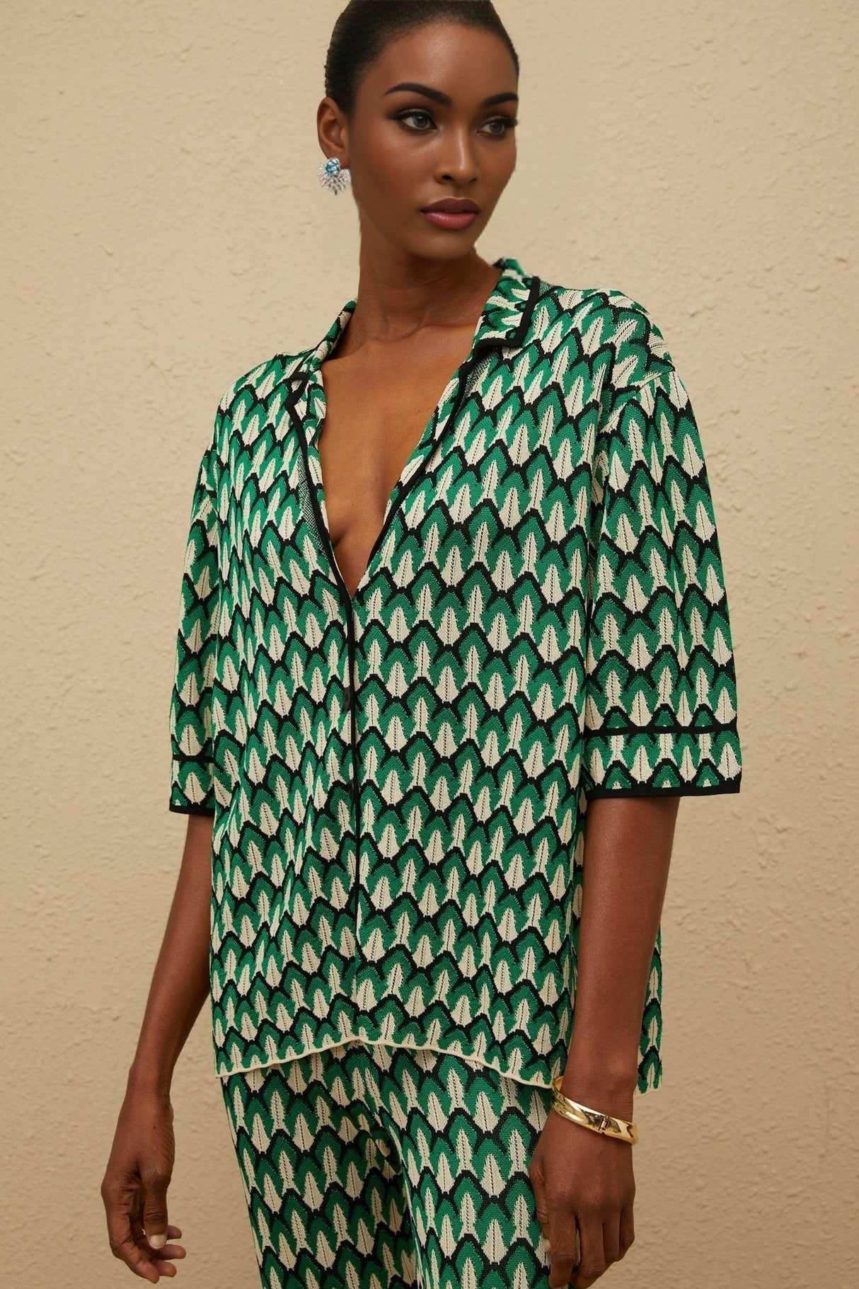 Samantha Shirt & Trousers Set - Crochet Knit - Patterned Jacquard - Notched Lapels - Half Sleeves - Maxi Length