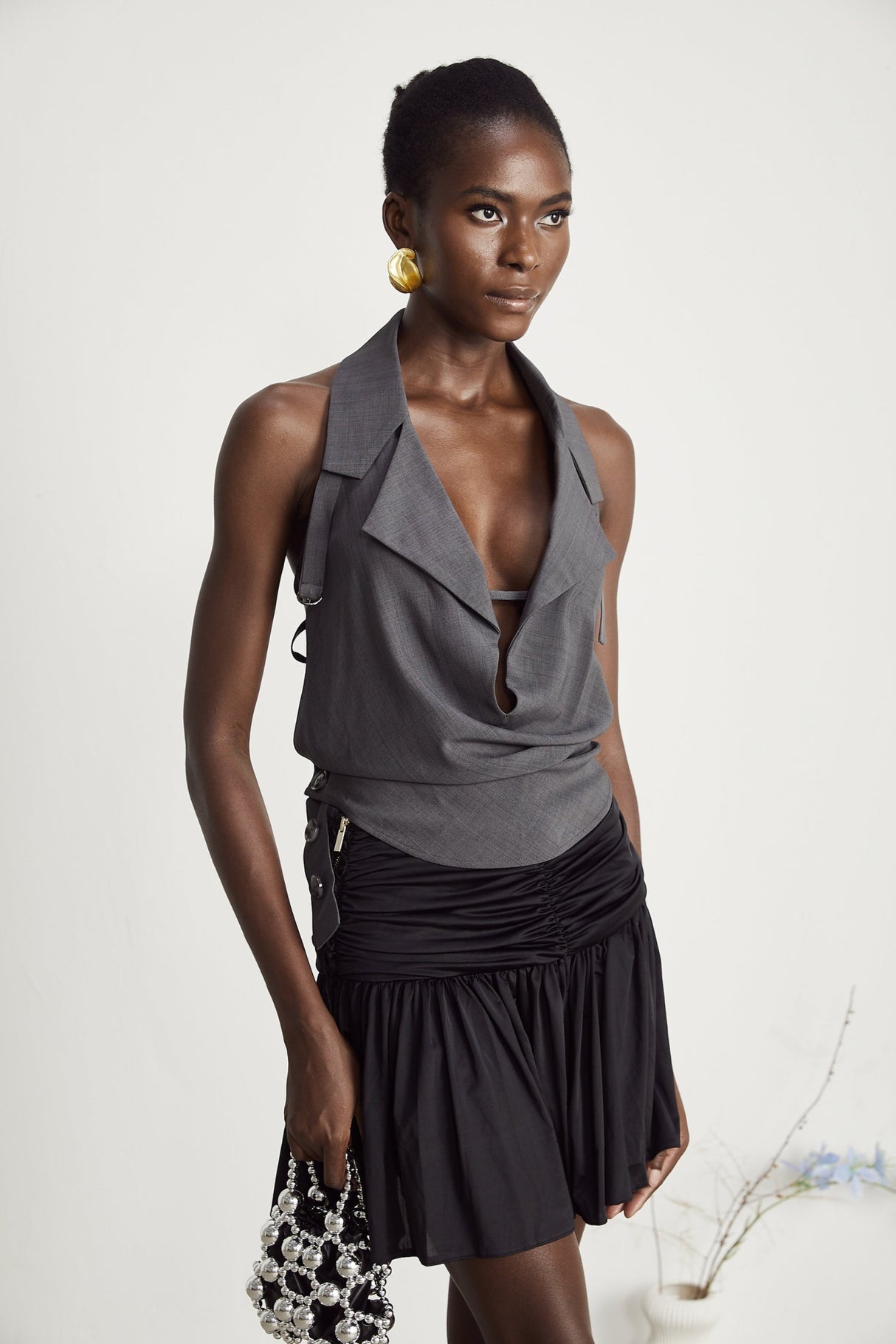 Samantha Top Grey Openback Sleeveless Curved Hem