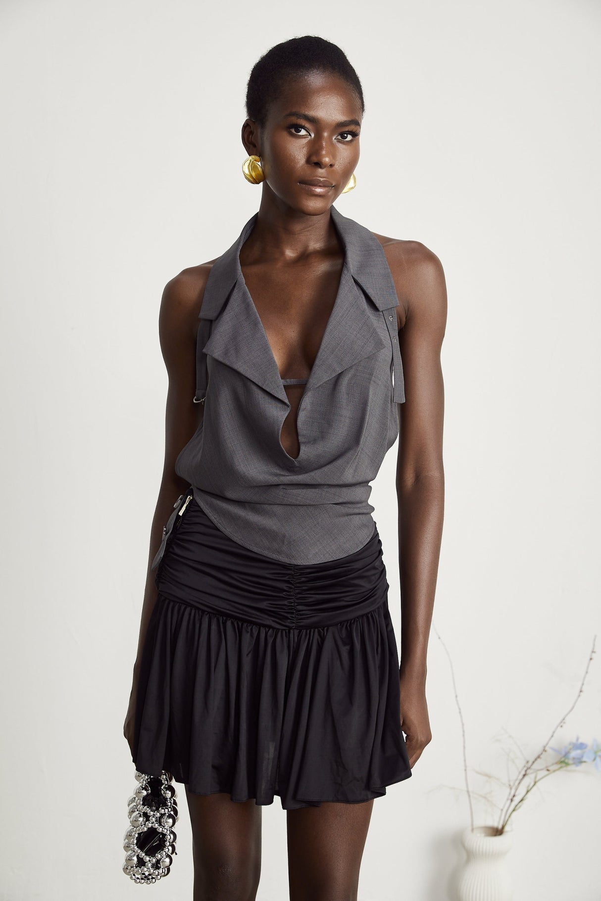 Samantha Top Grey Openback Sleeveless Curved Hem