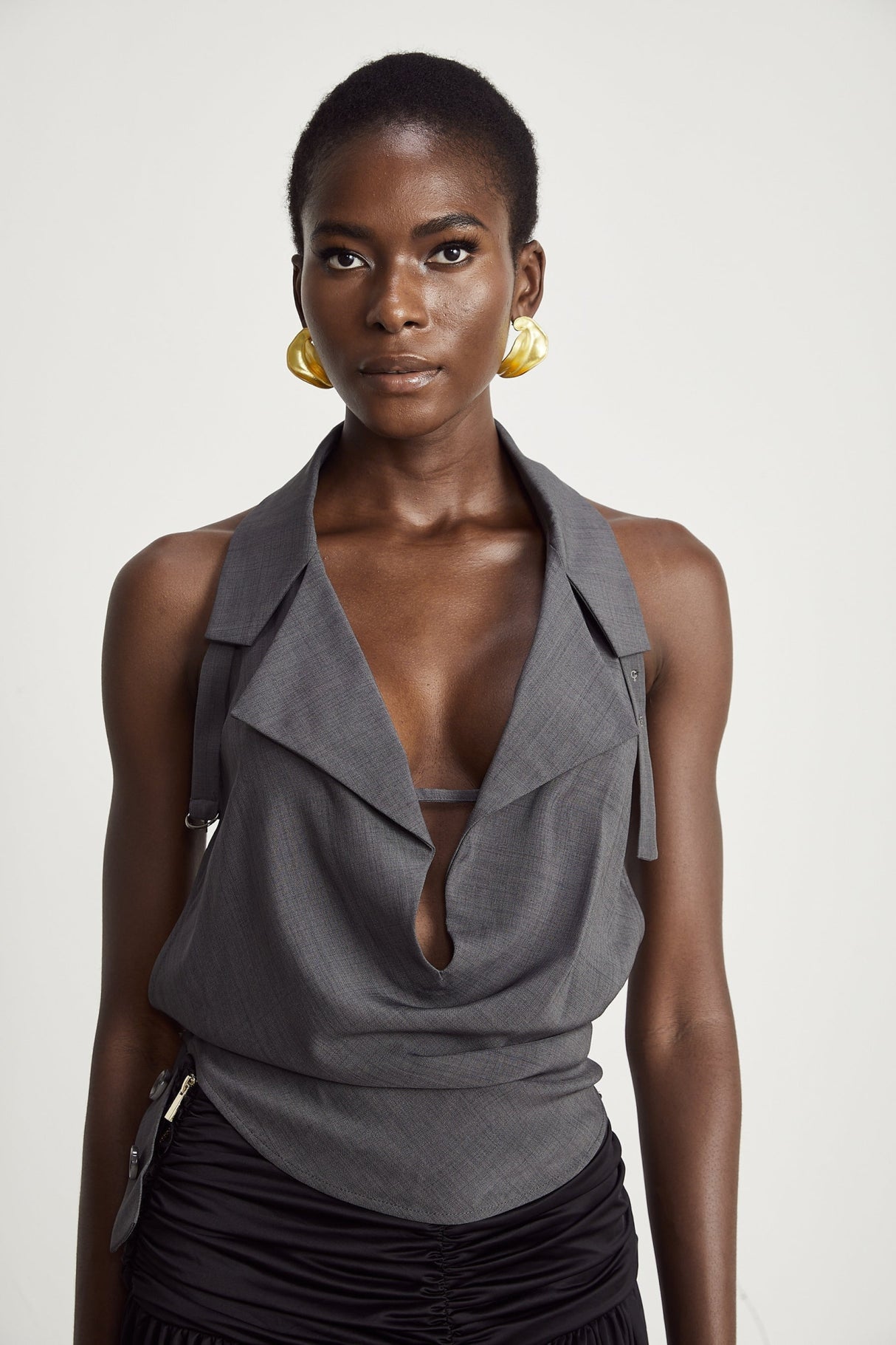 Samantha Top Grey Openback Sleeveless Curved Hem