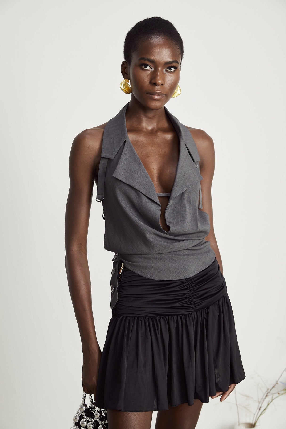 Samantha Top Grey Openback Sleeveless Curved Hem