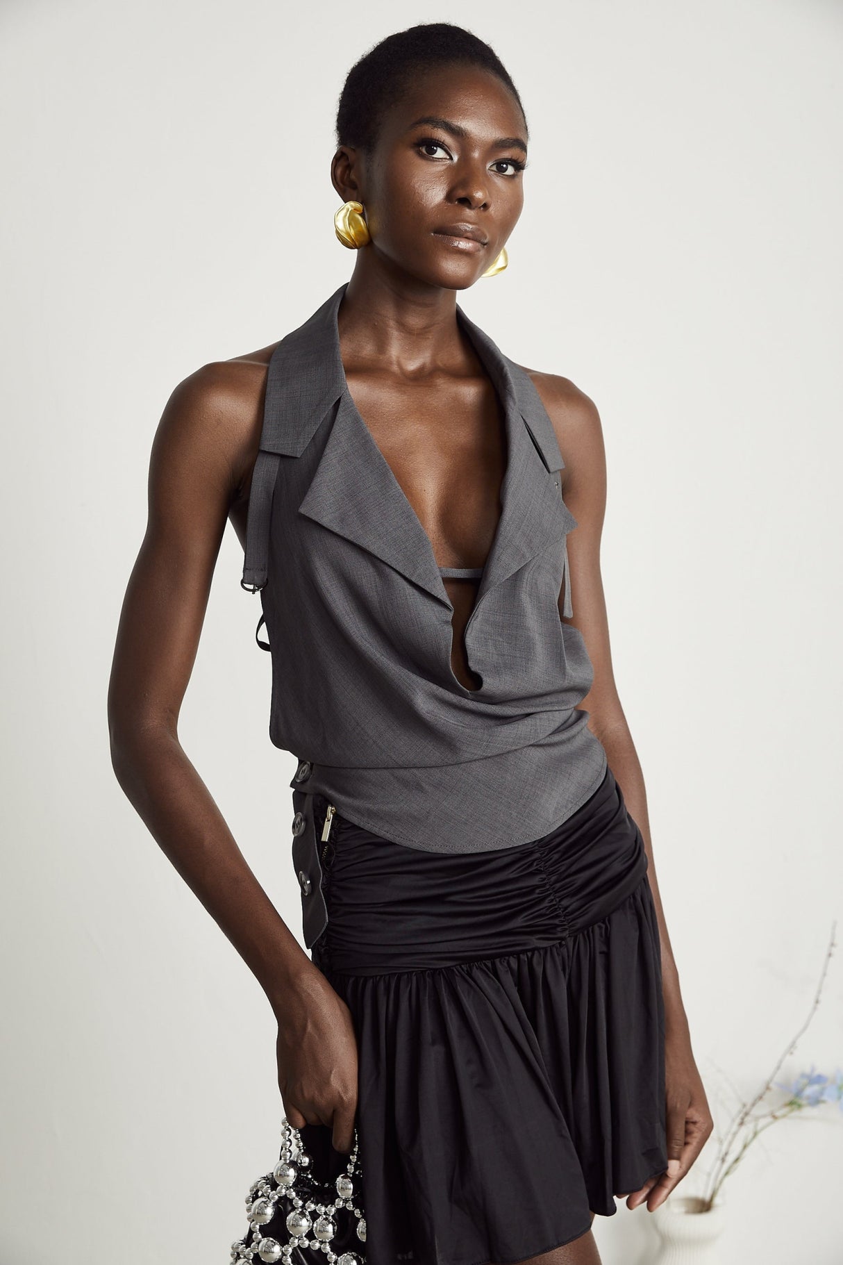 Samantha Top Grey Openback Sleeveless Curved Hem