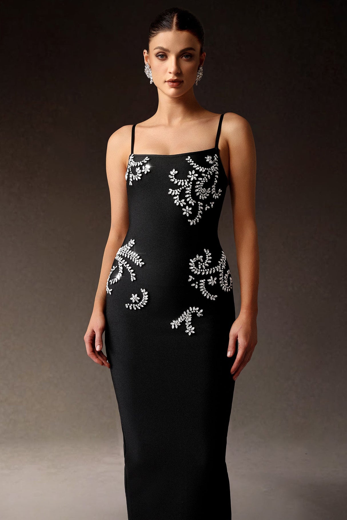 Samara Black Sleeveless Diamond Bandage Maxi Dress Square Neckline Embellishments Glamour Body-Hugging Fit Cocktail Parties Elegant Dinners Fabric Confidence Graceful