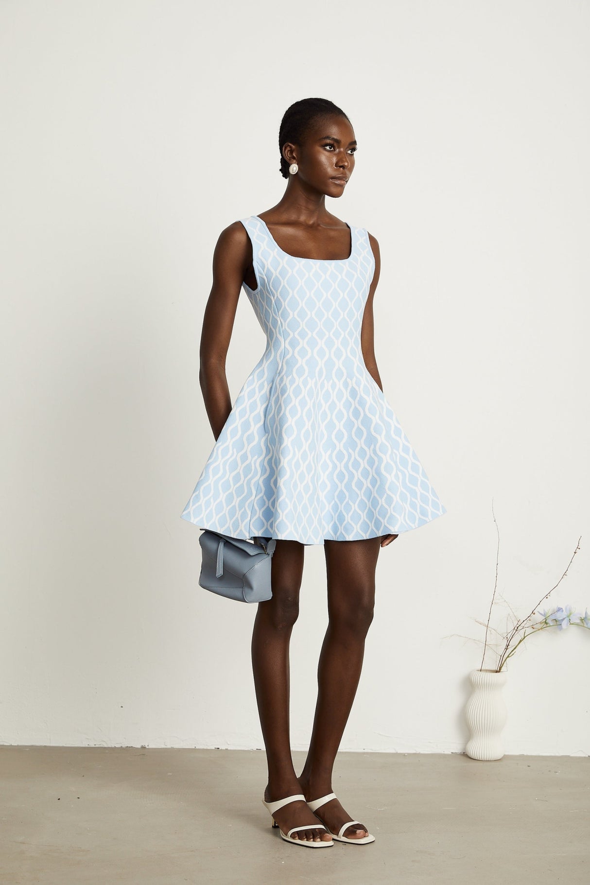 Sandra Mini Dress Blue & White Jacquard Sleeveless Flair
