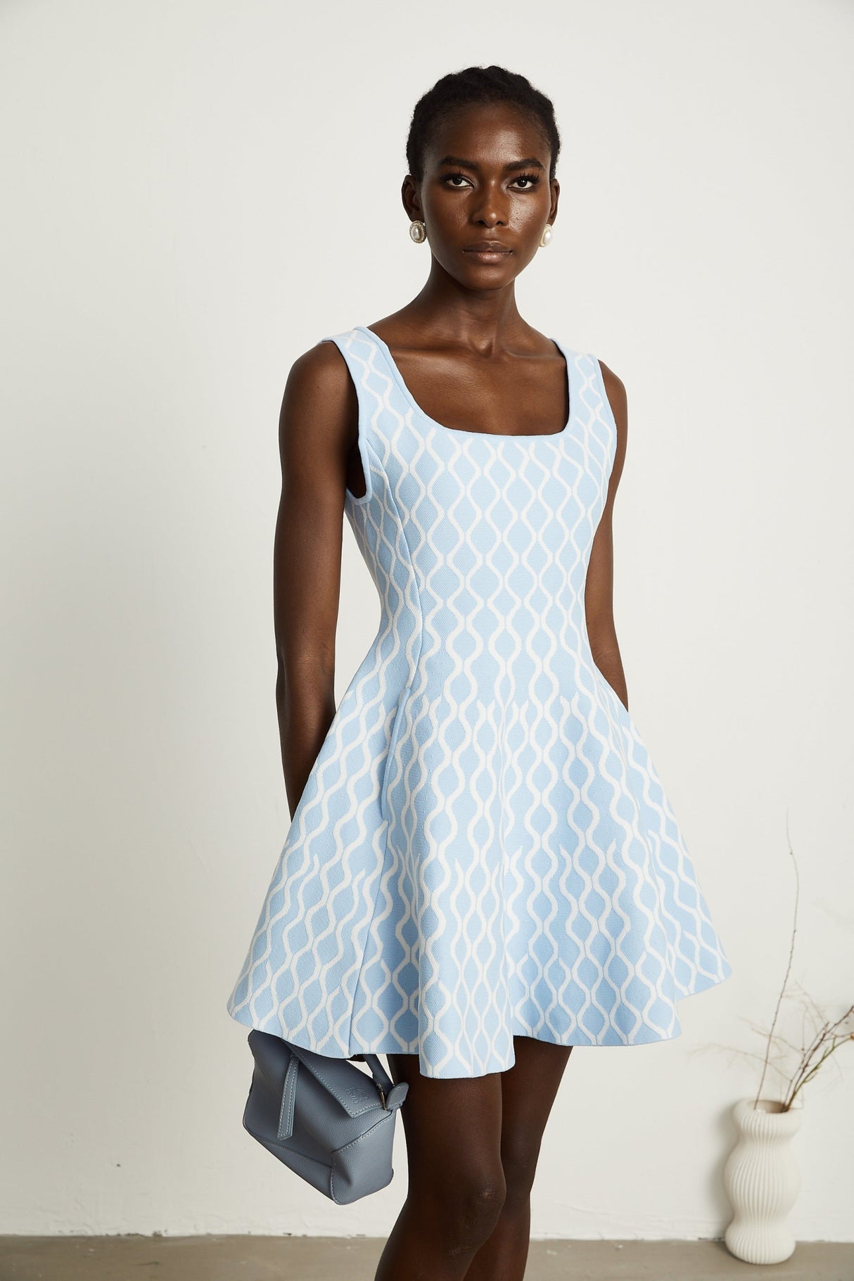 Sandra Mini Dress Blue & White Jacquard Sleeveless Flair