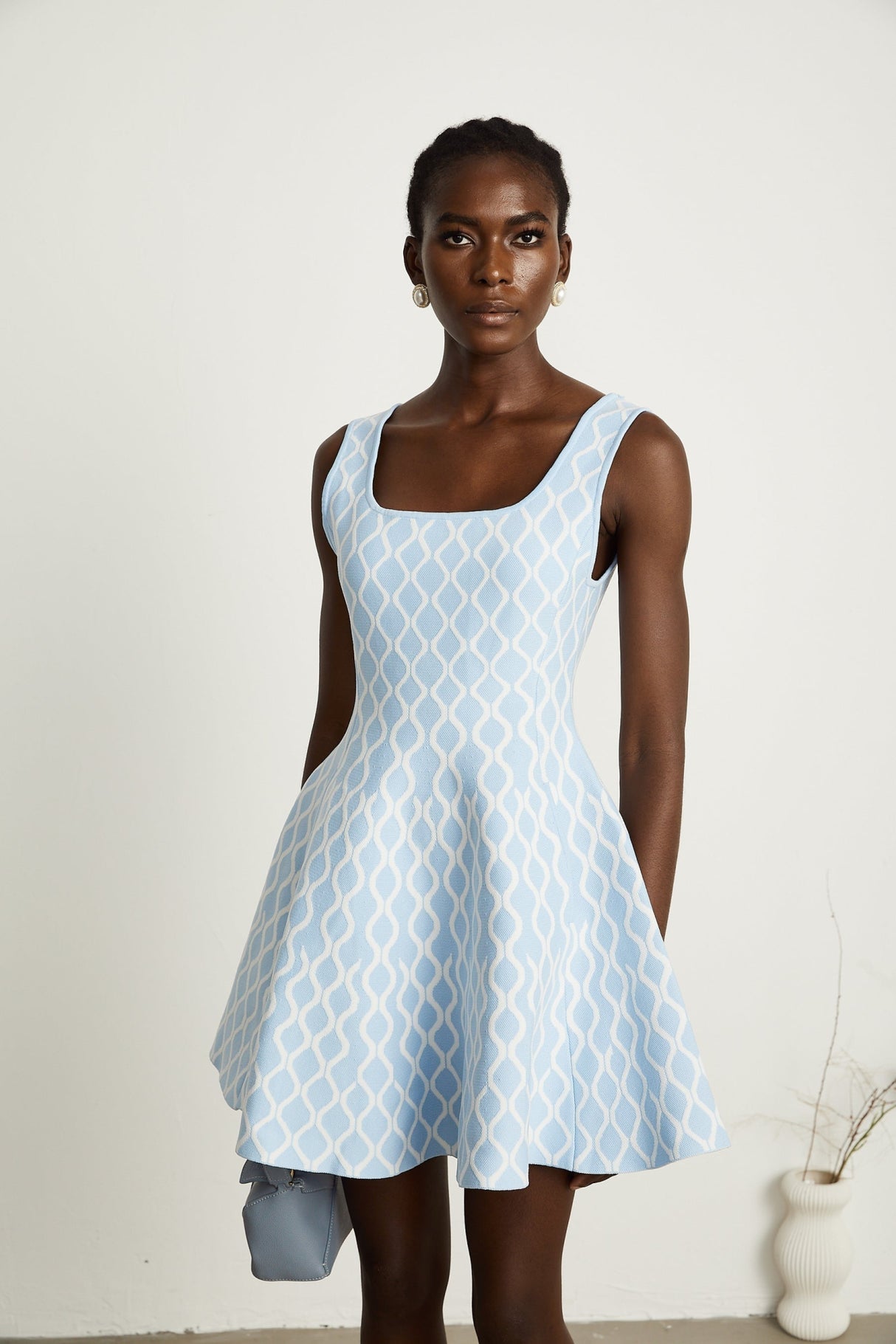 Sandra Mini Dress Blue & White Jacquard Sleeveless Flair