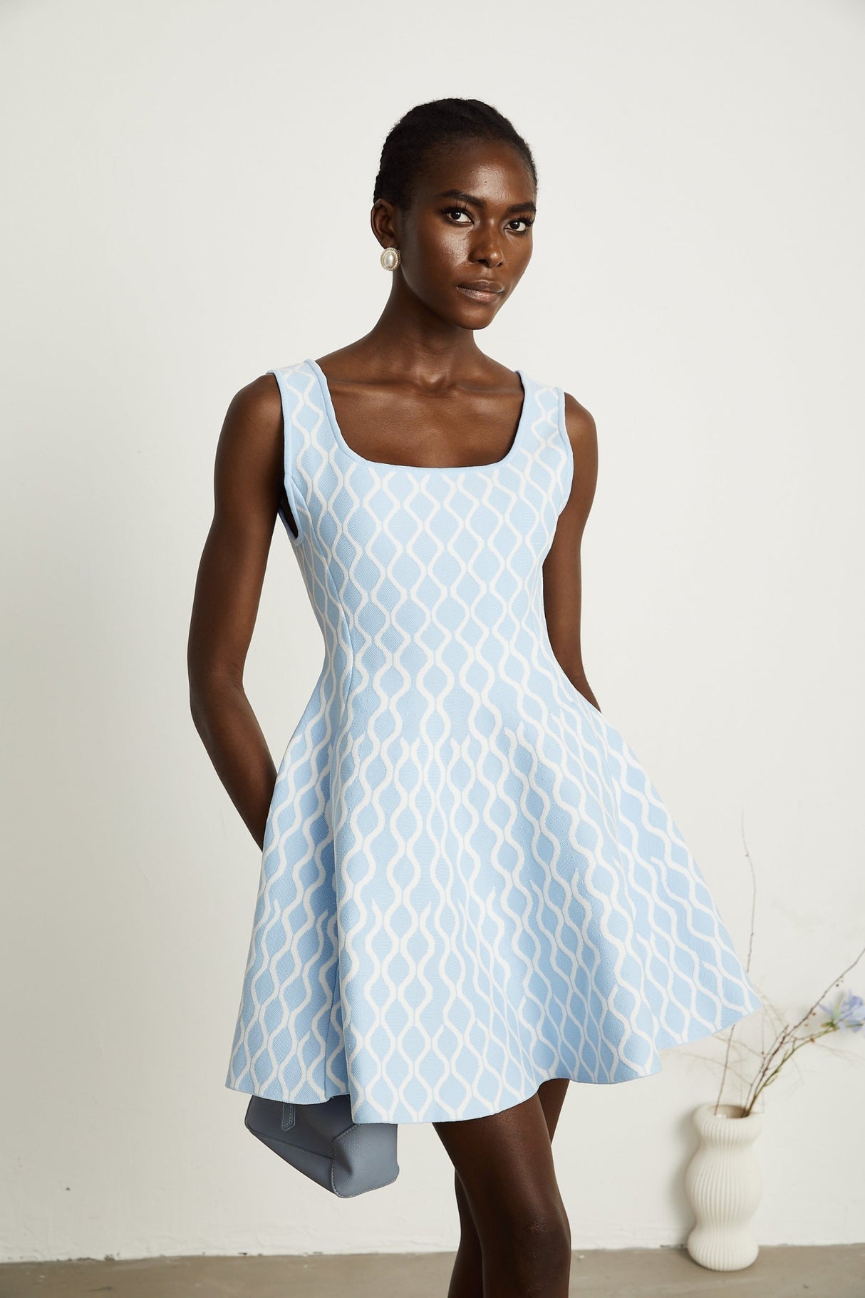 Sandra Mini Dress Blue & White Jacquard Sleeveless Flair