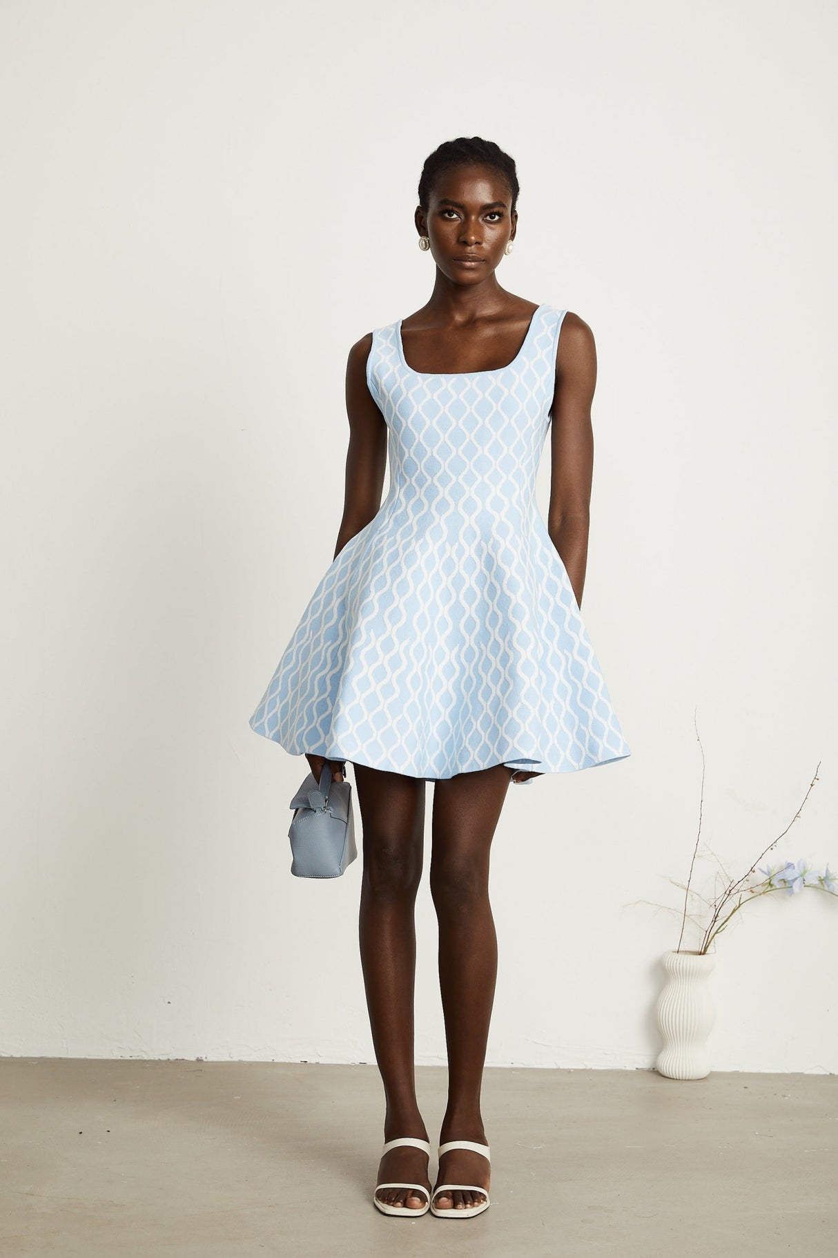 Sandra Mini Dress Blue & White Jacquard Sleeveless Flair