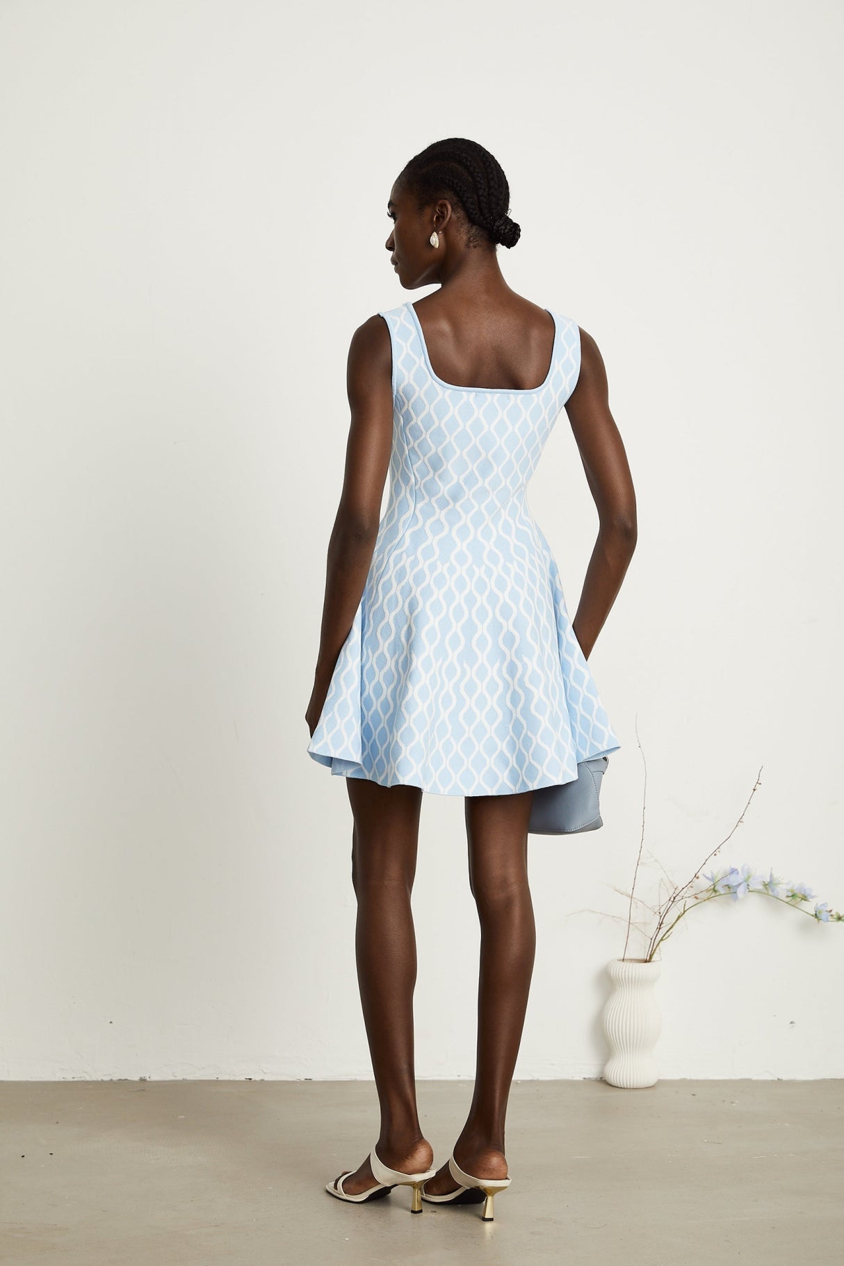 Sandra Mini Dress Blue & White Jacquard Sleeveless Flair