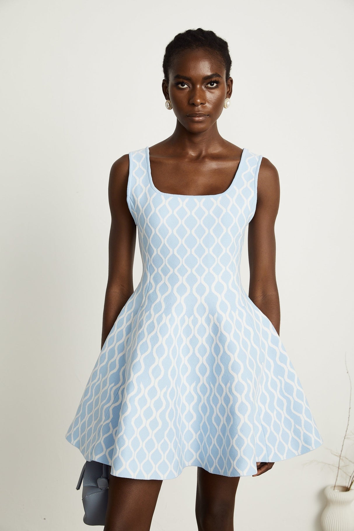 Sandra Mini Dress Blue & White Jacquard Sleeveless Flair