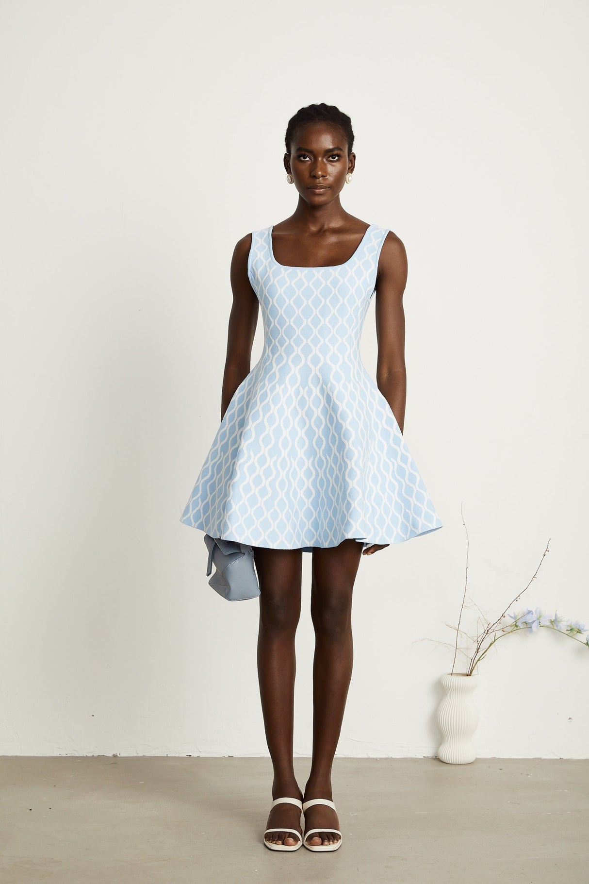 Sandra Mini Dress Blue & White Jacquard Sleeveless Flair