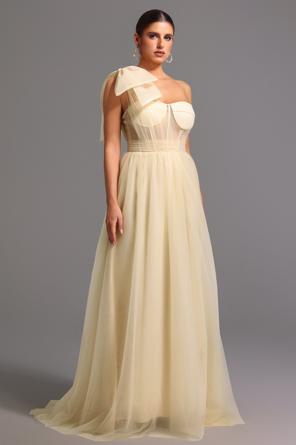 Santa Beige One Shoulder Maxi Dress with Bow Detail and Thigh-high Slit