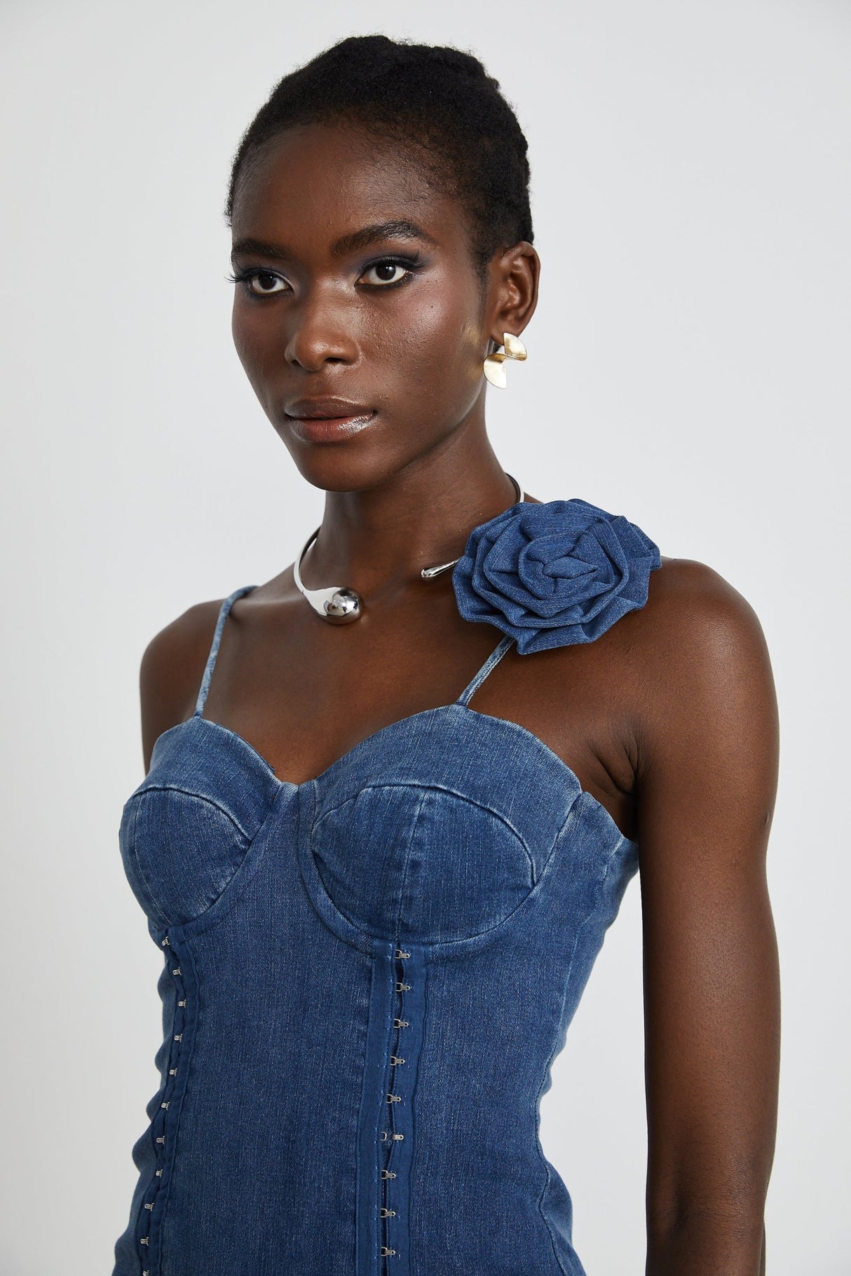 Santa Denim Mini Dress with Floral Applique & Corset Style