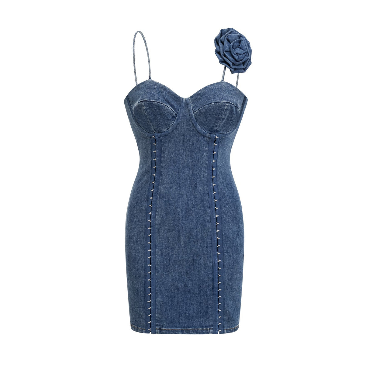 Santa Denim Mini Dress with Floral Applique & Corset Style