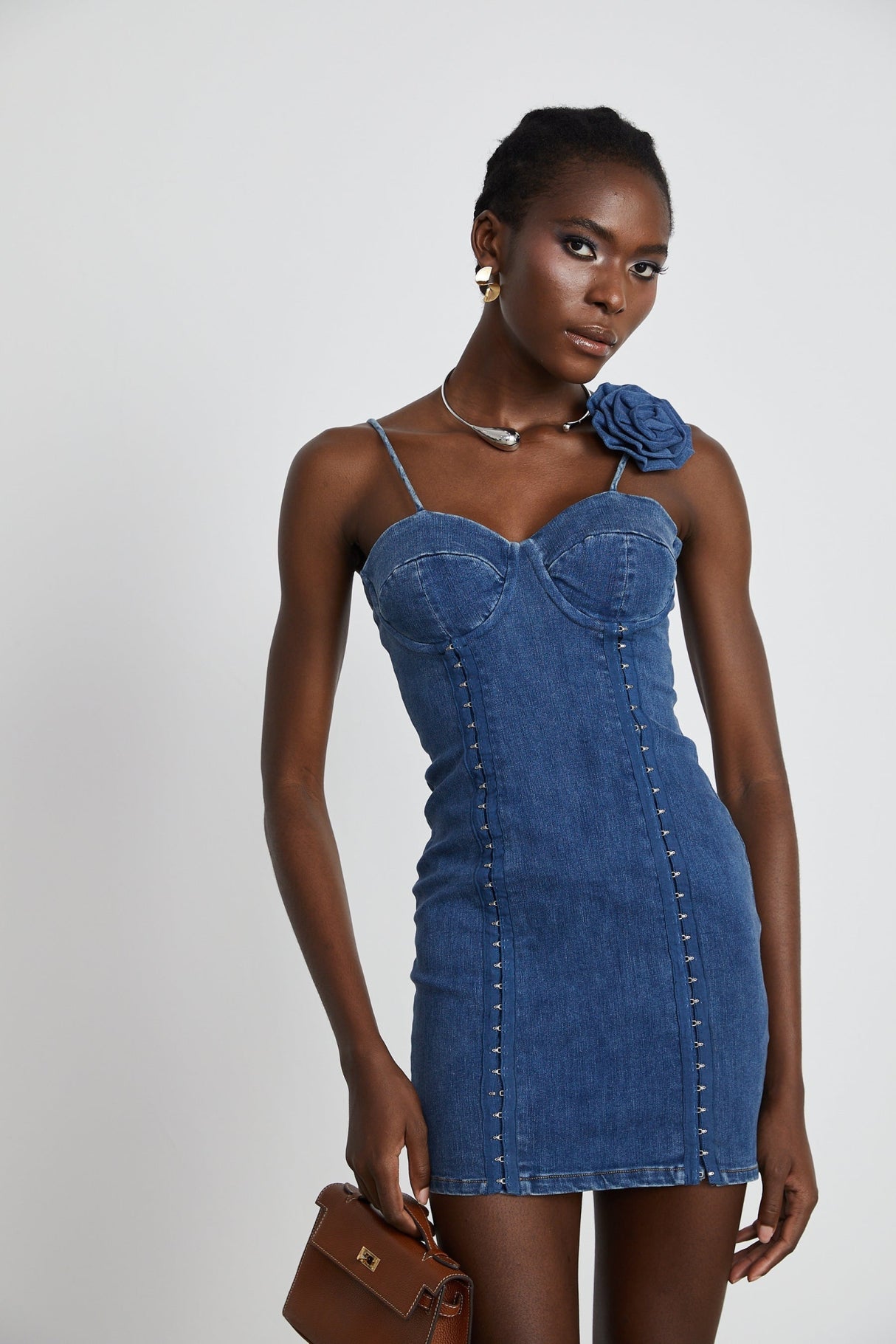 Santa Denim Mini Dress with Floral Applique & Corset Style