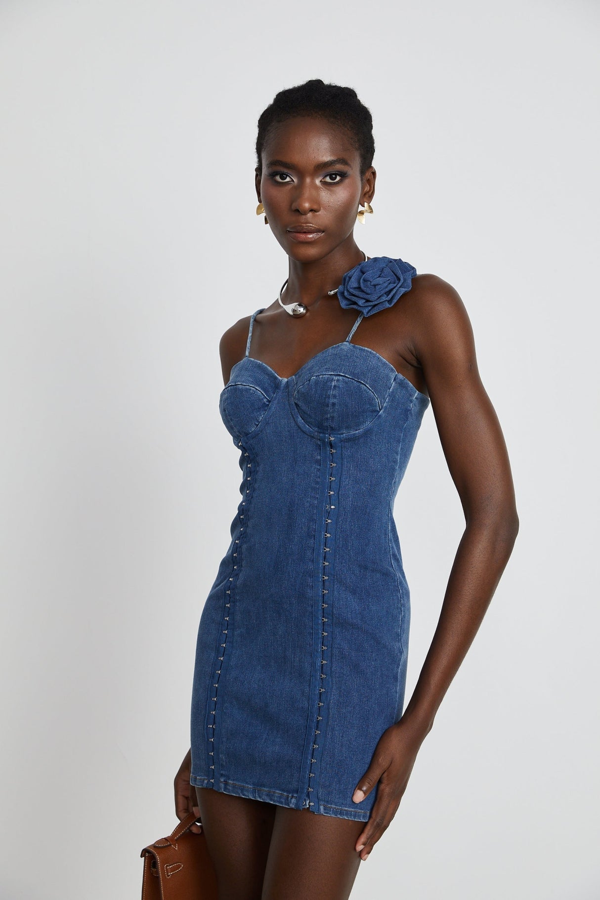 Santa Denim Mini Dress with Floral Applique & Corset Style
