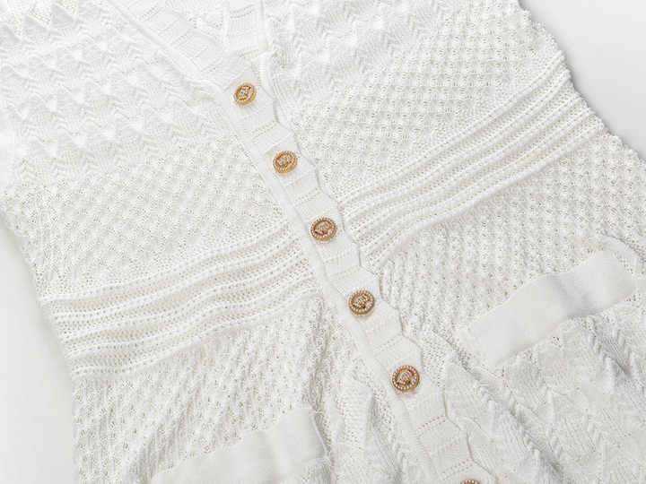 Santa Dress - A - Line Silhouette With Button Front - Textured Knit Pattern - Relaxed Fit - Pockets and Scalloped Neckline