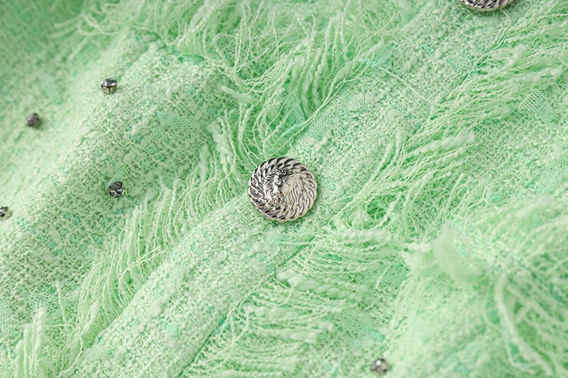 Santa Dress - Fitted Halter Neck Silhouette - Textured Fabric With Embellishments - Tailored Fit - Rhinestone Accents & Button Closure