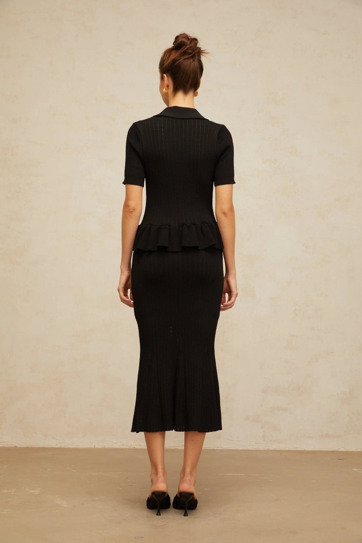 Santa Midi Dress Black Crystal Embellished Peplum Hem