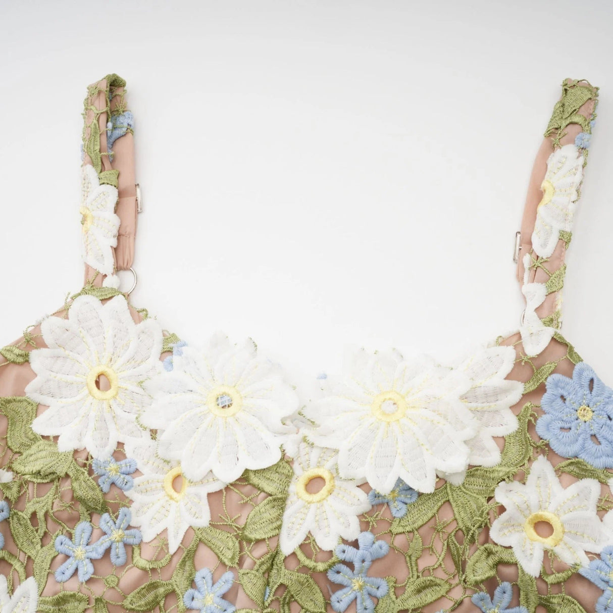 Santa Midi Dress Green Floral Embroidered Hollow - Carved