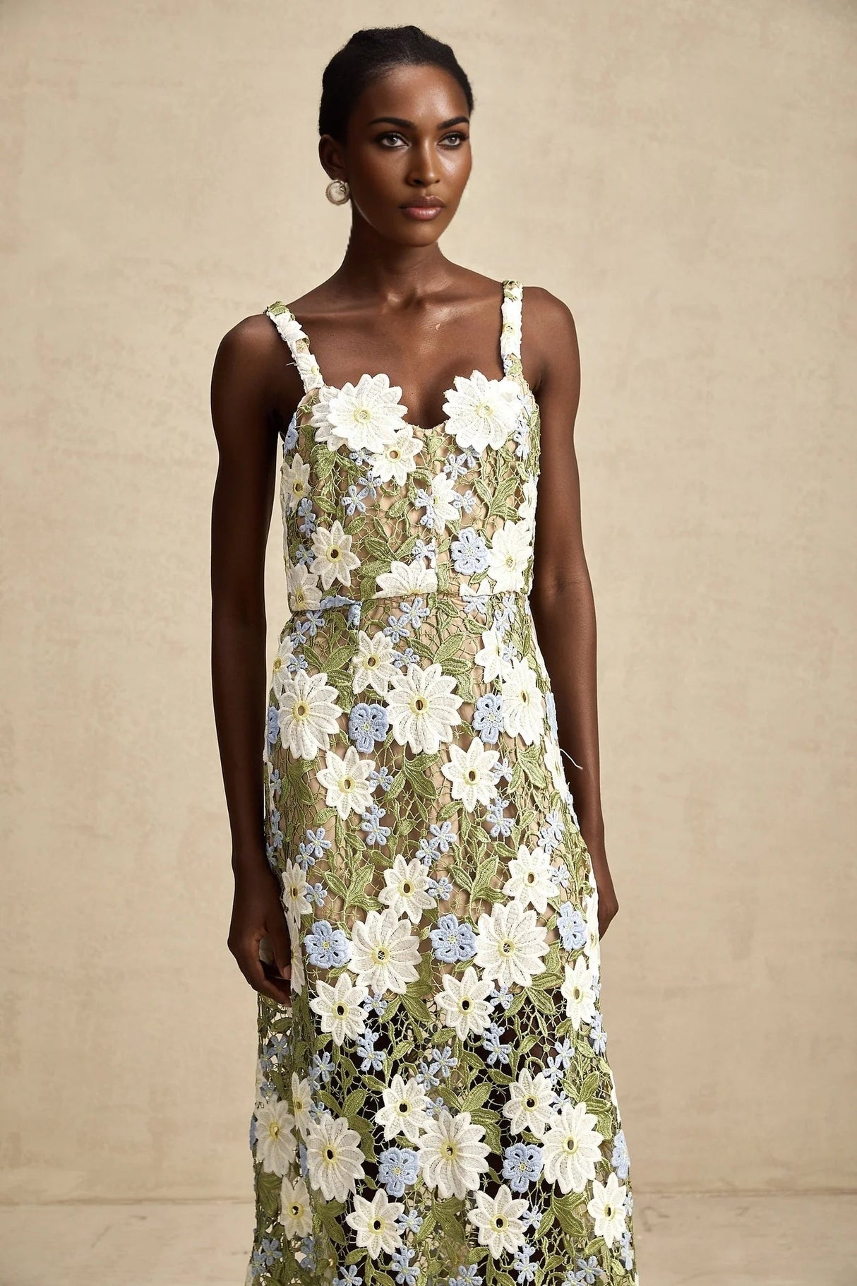 Santa Midi Dress Green Floral Embroidered Hollow - Carved