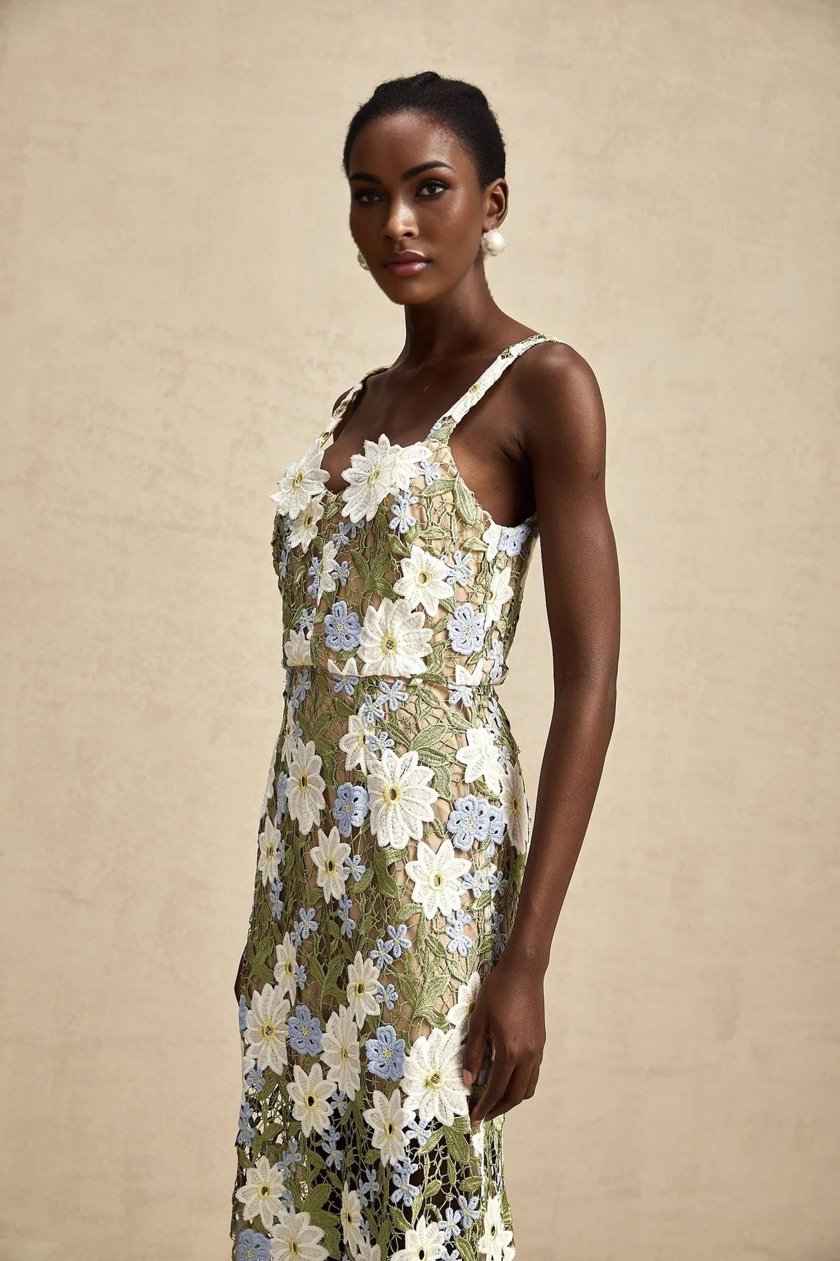 Santa Midi Dress Green Floral Embroidered Hollow - Carved