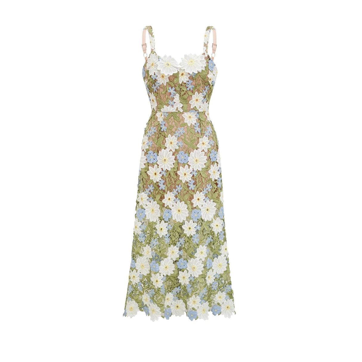 Santa Midi Dress Green Floral Embroidered Hollow - Carved