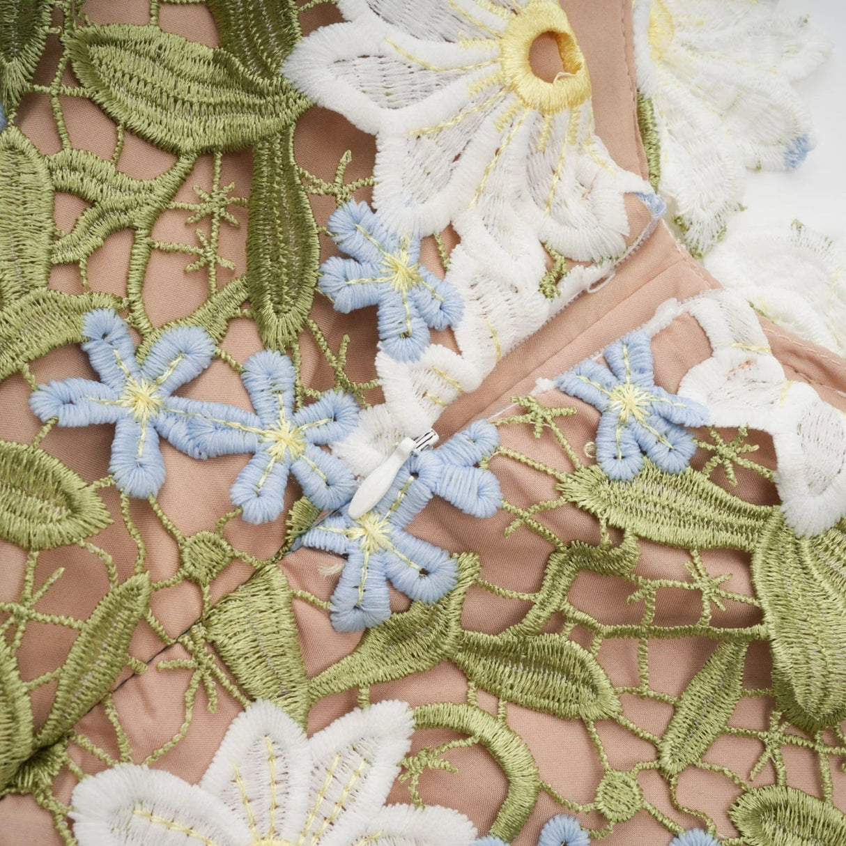 Santa Midi Dress Green Floral Embroidered Hollow - Carved