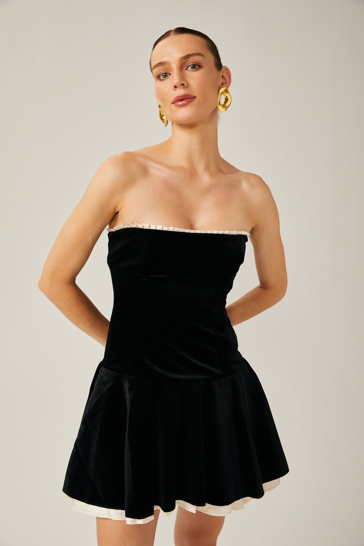 Santa Mini Dress Strapless Corset Layered Velvet & Pleated Black