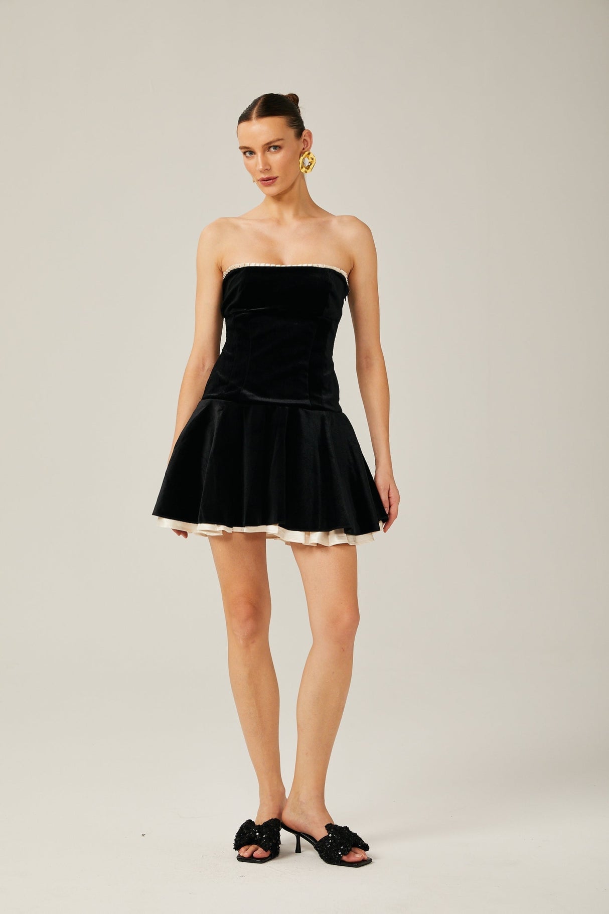 Santa Mini Dress Strapless Corset Layered Velvet & Pleated Black