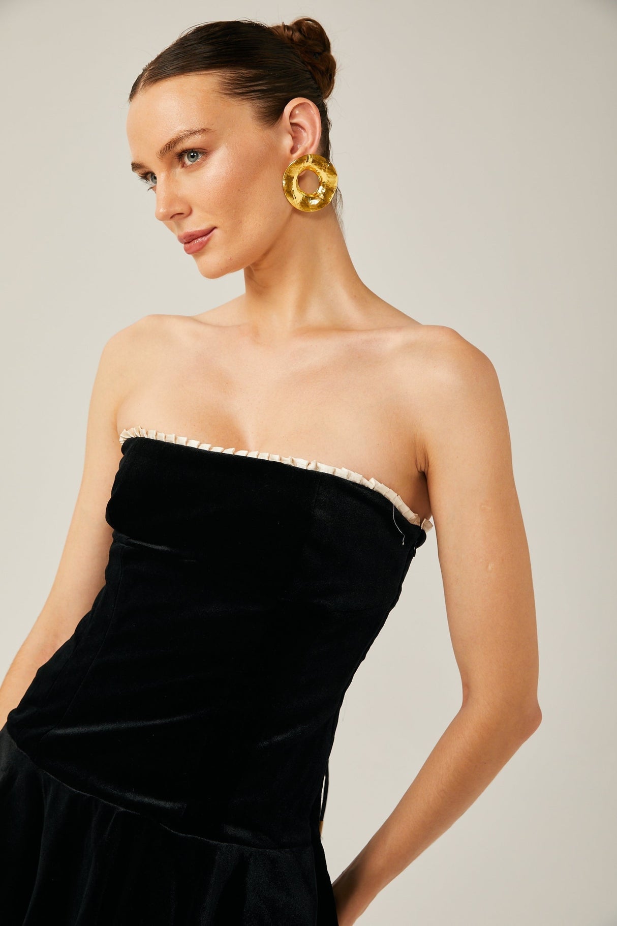 Santa Mini Dress Strapless Corset Layered Velvet & Pleated Black