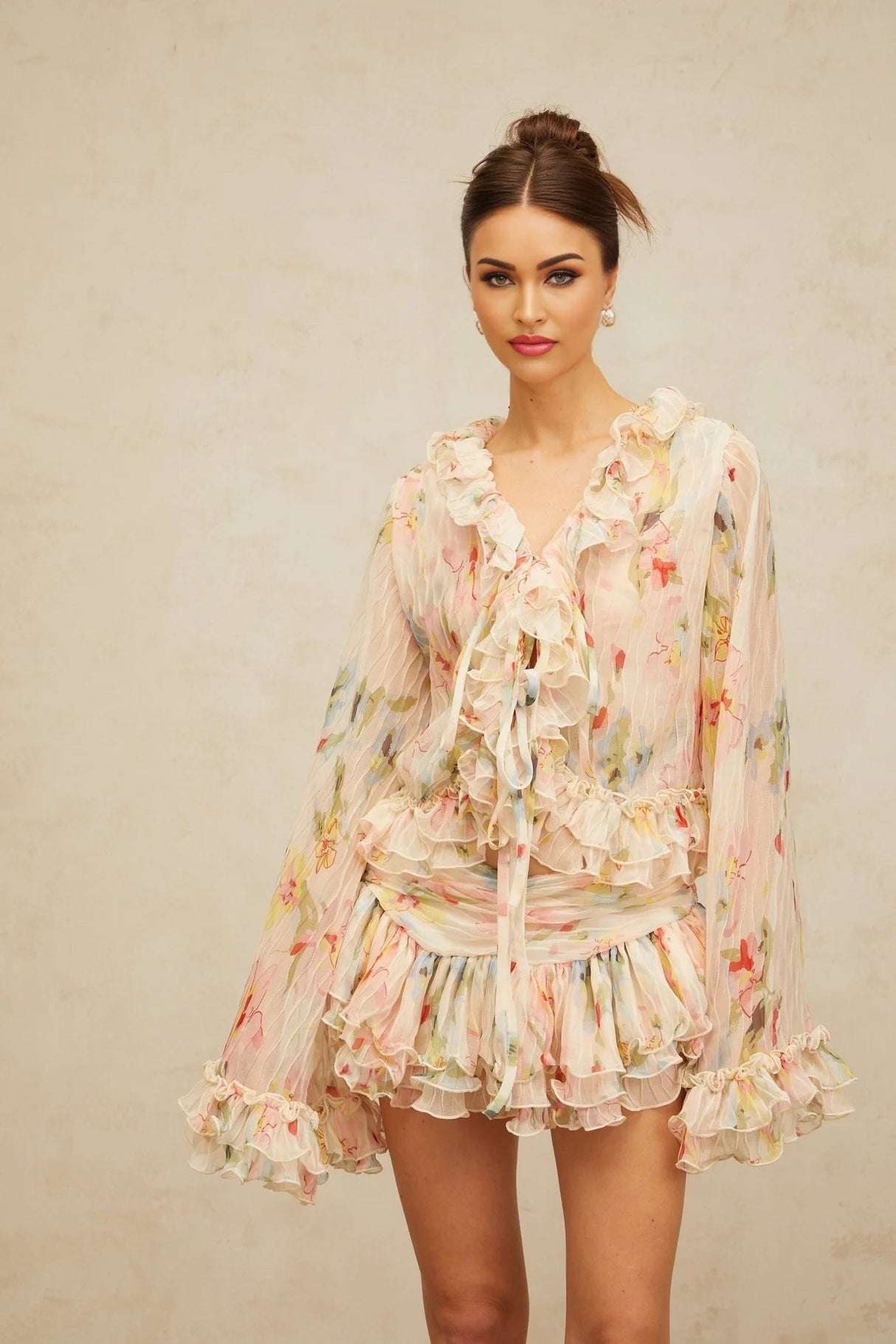 Sara Blouse & Skirt Set Floral Print Tiered Design