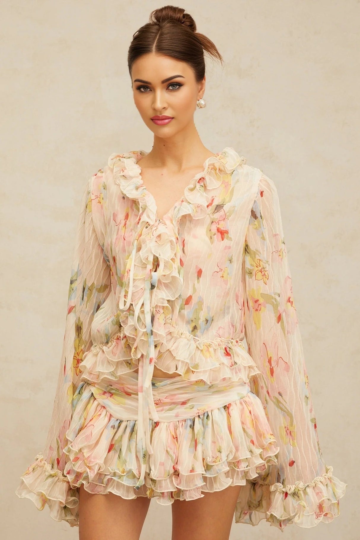 Sara Blouse & Skirt Set Floral Print Tiered Design