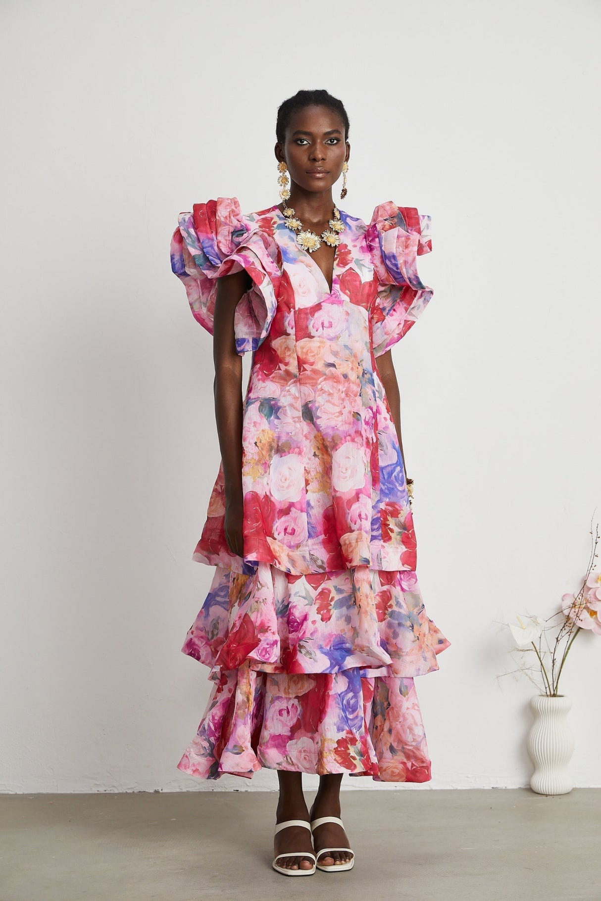 Sara Gown Pink Floral Ruffled Tiered Maxi
