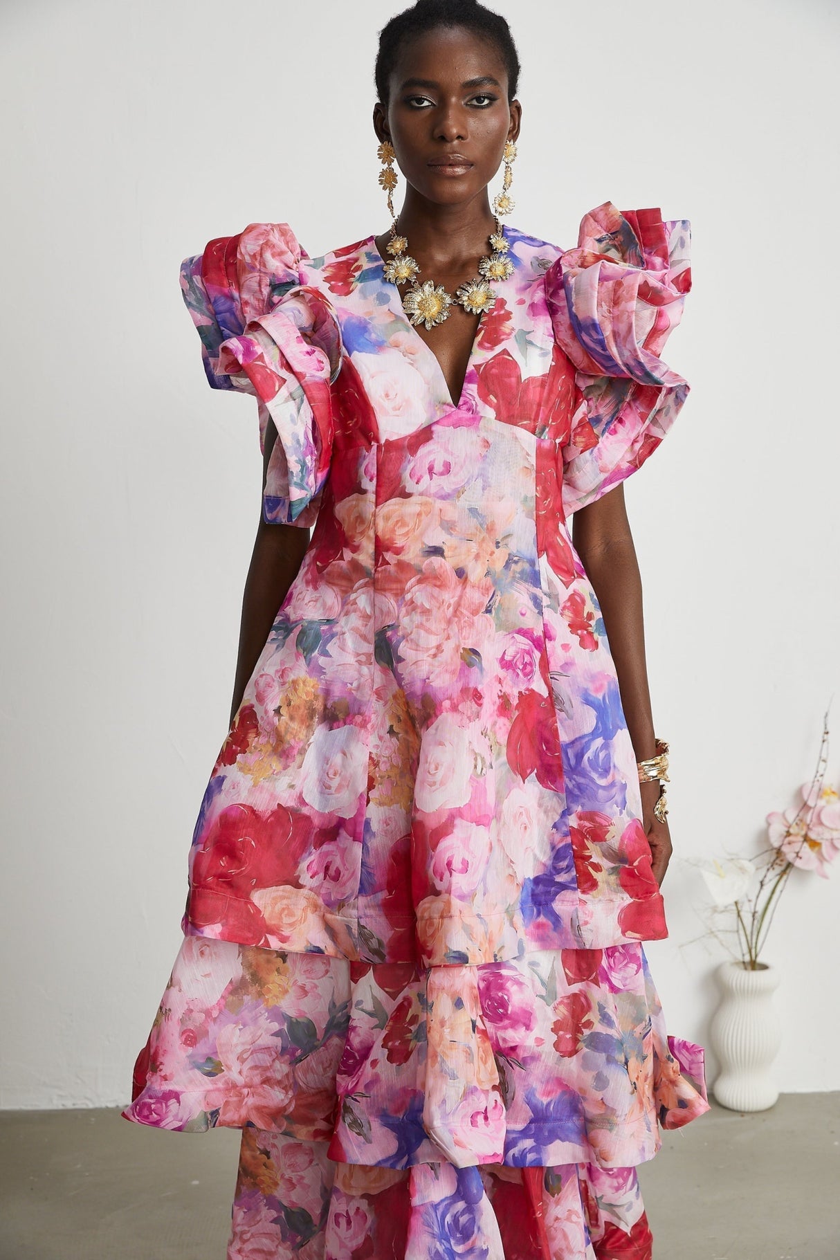Sara Gown Pink Floral Ruffled Tiered Maxi