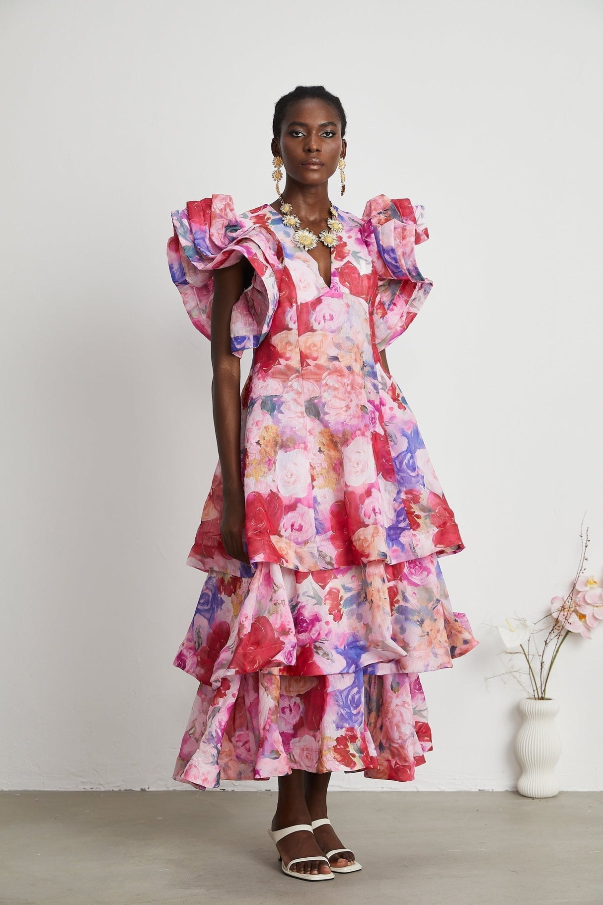 Sara Gown Pink Floral Ruffled Tiered Maxi