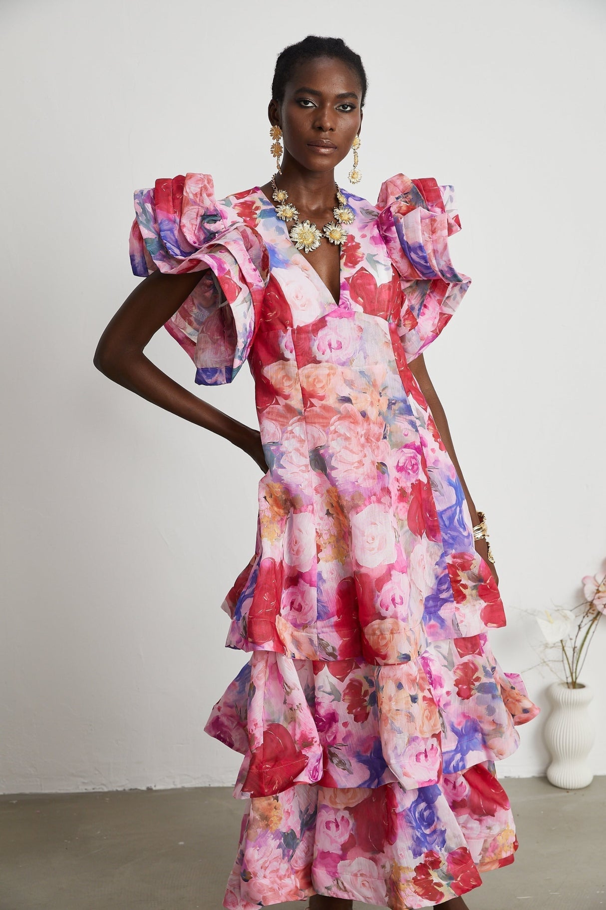 Sara Gown Pink Floral Ruffled Tiered Maxi