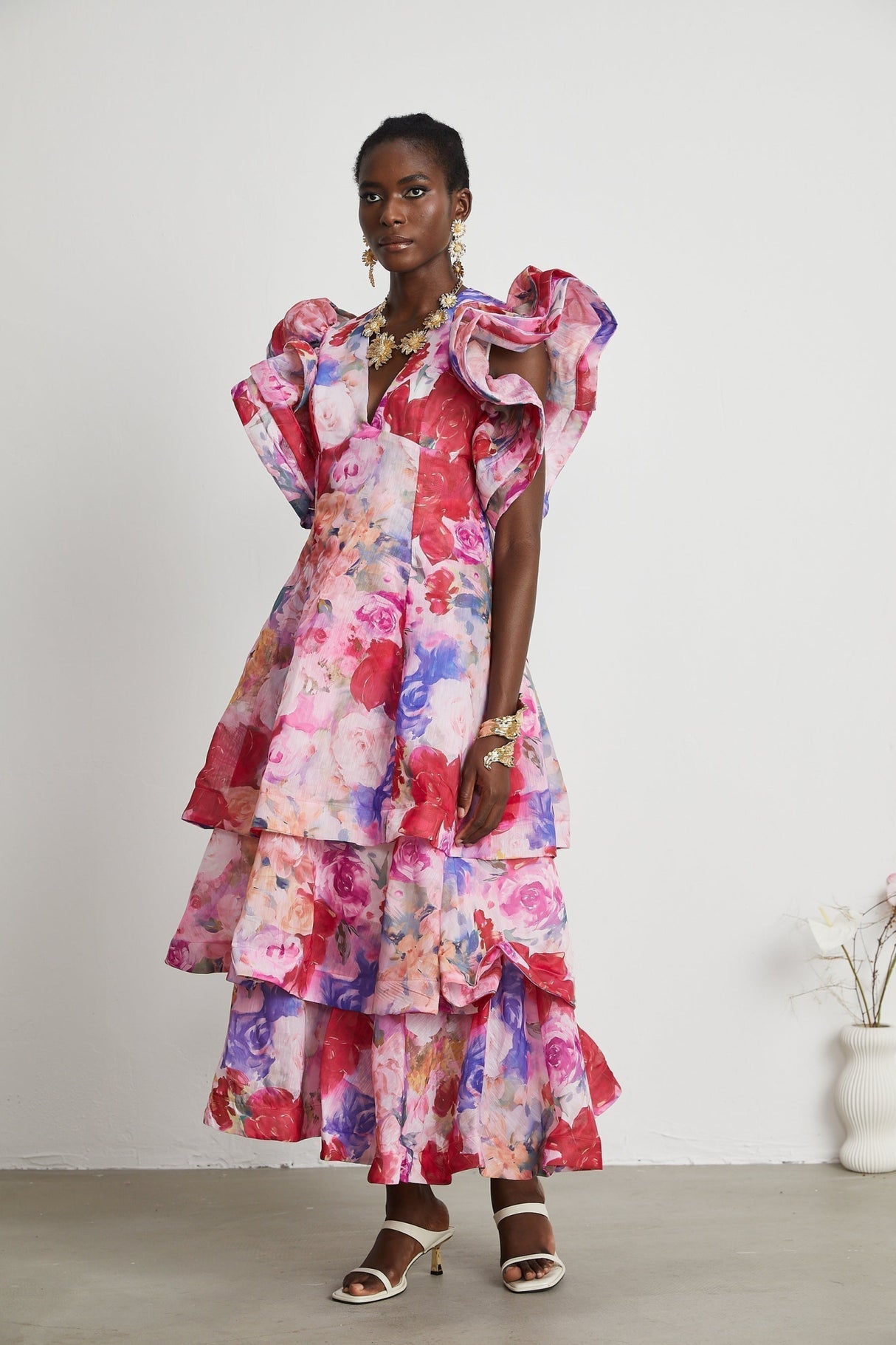 Sara Gown Pink Floral Ruffled Tiered Maxi