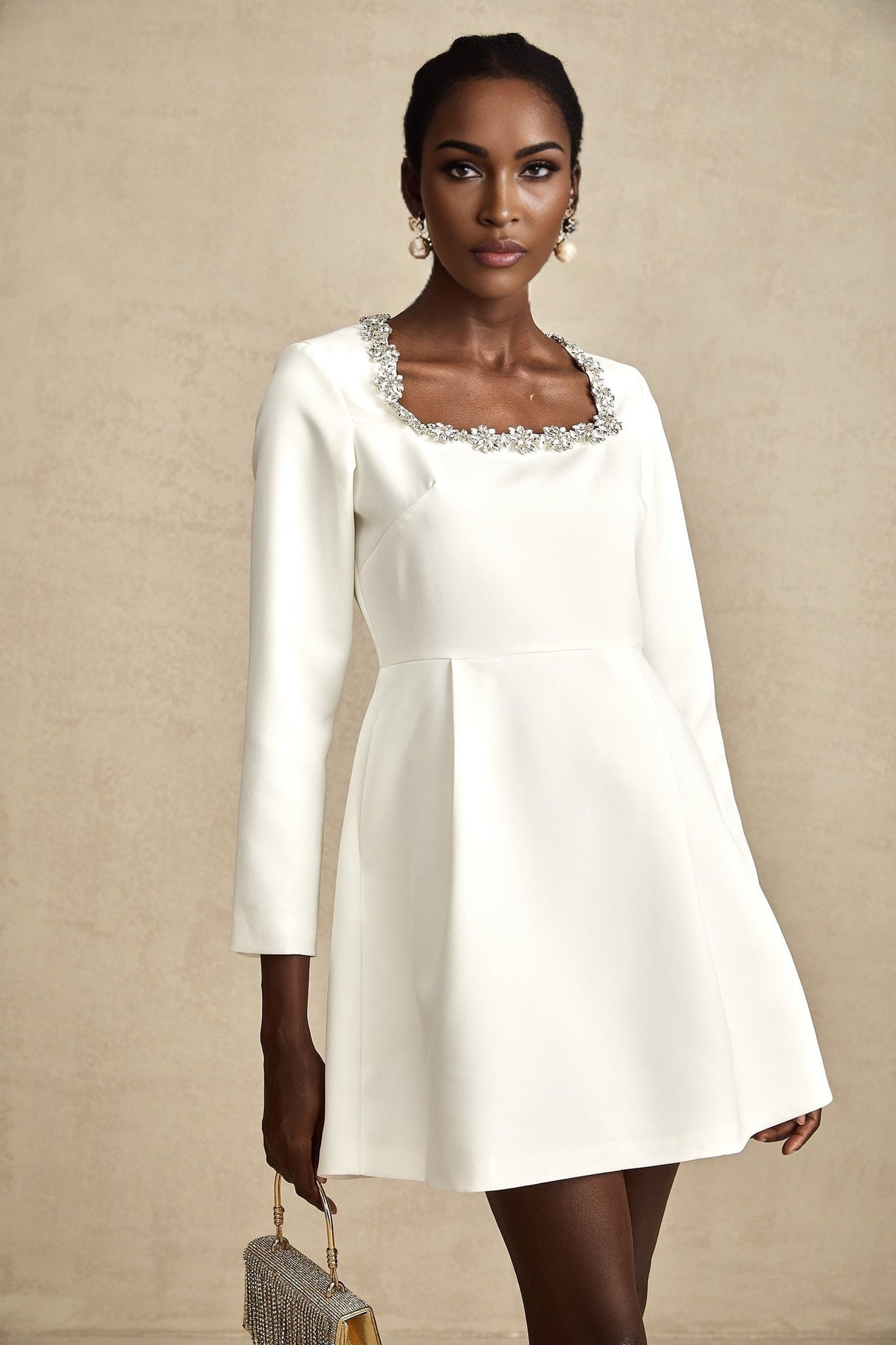 Sara Mini Dress Crystal Embellished White ALine Thigh Length