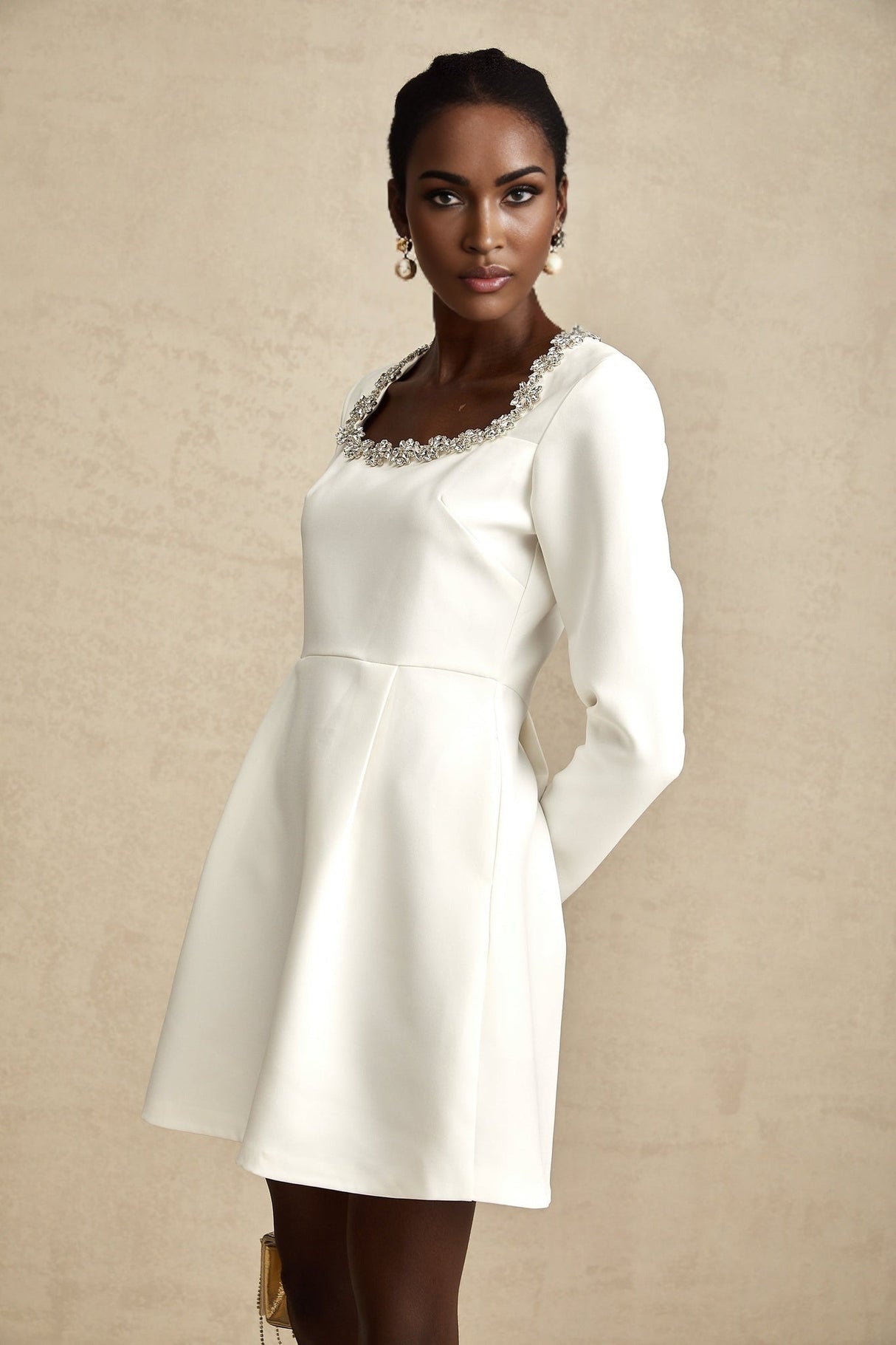 Sara Mini Dress Crystal Embellished White ALine Thigh Length