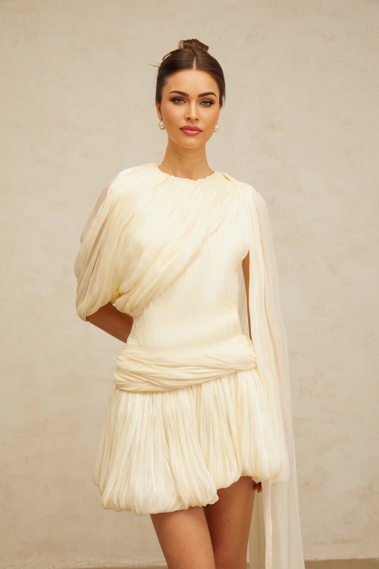 Sara Mini Dress Pleated Ribbon Detail & Glitter Bubble Hem