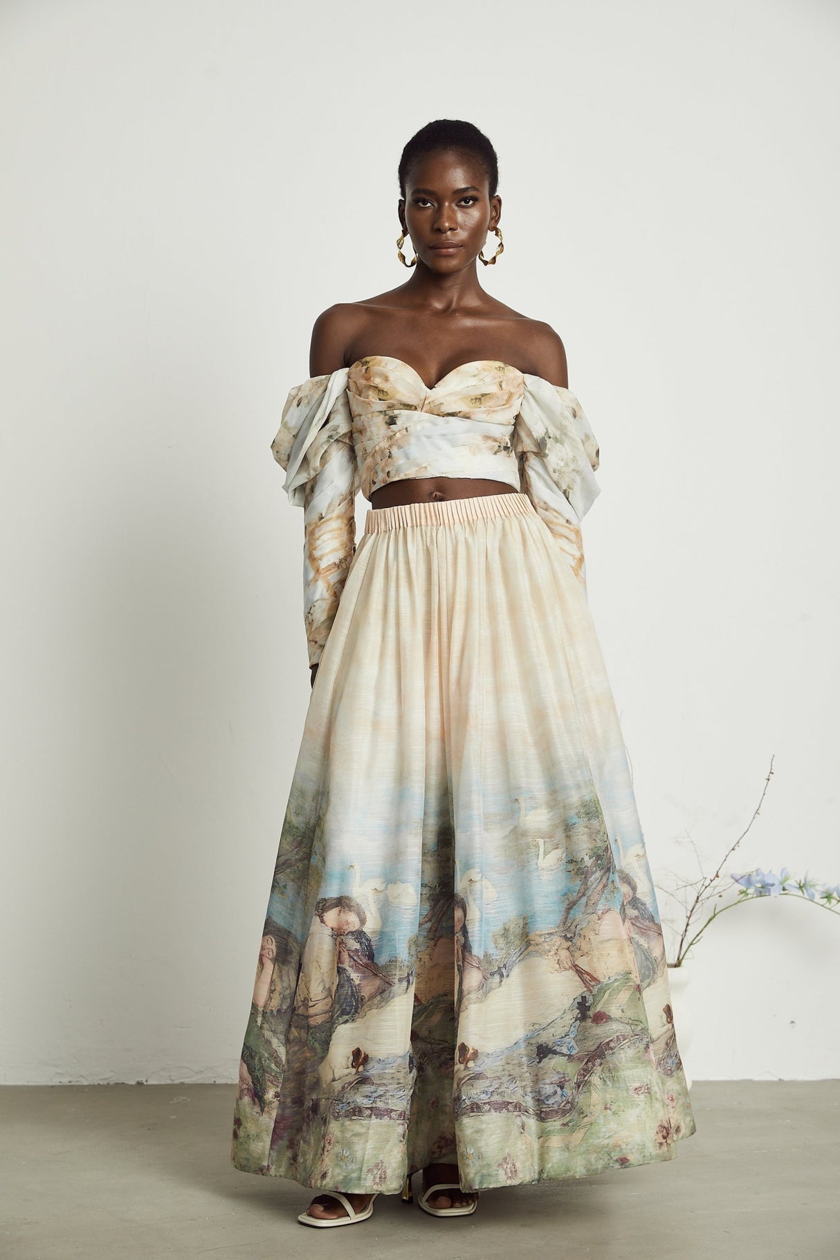 Sara Multicolor Neutrals Skirt & Top Set with Off - Shoulder Bustier Style