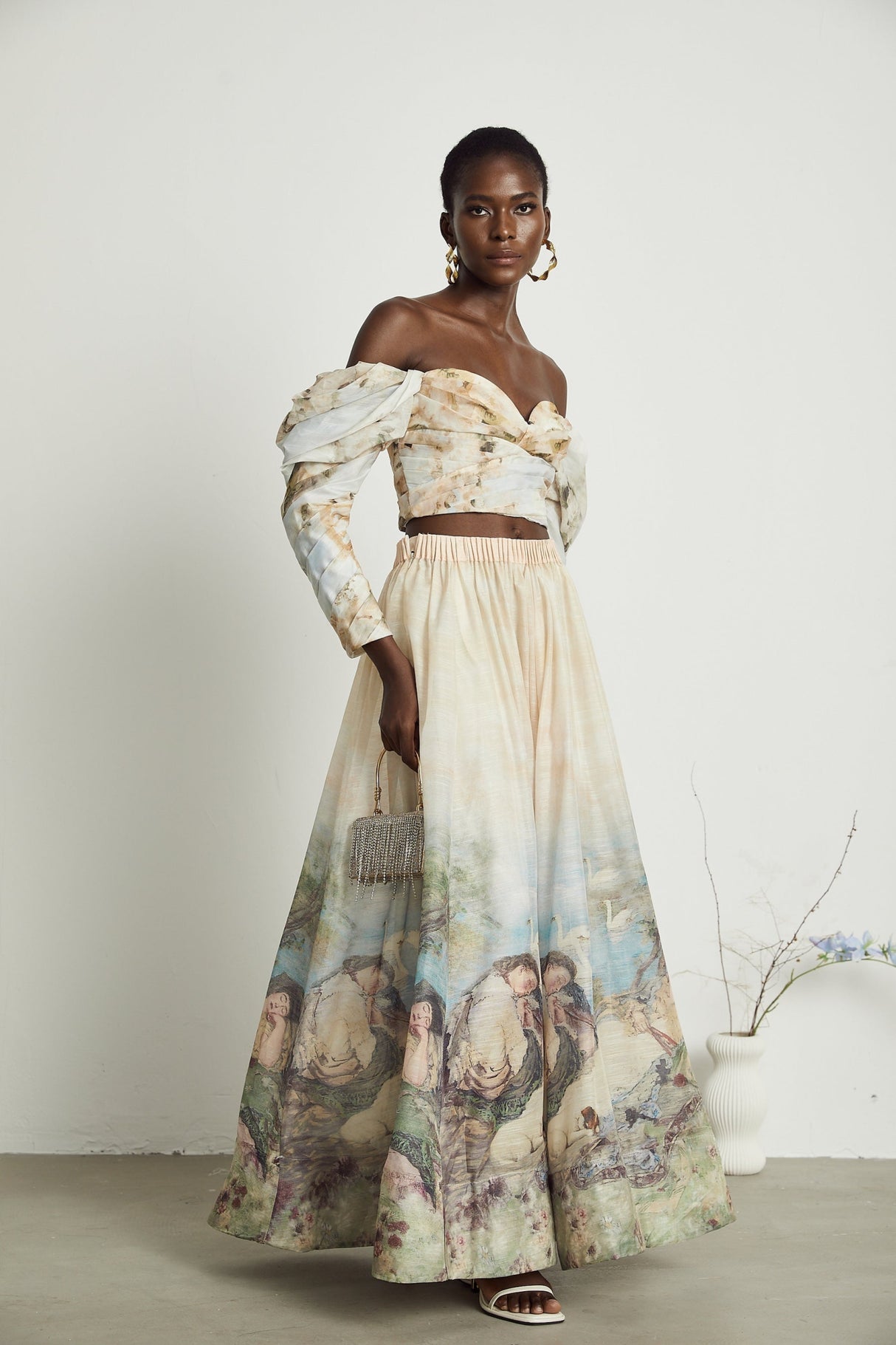 Sara Multicolor Neutrals Skirt & Top Set with Off - Shoulder Bustier Style