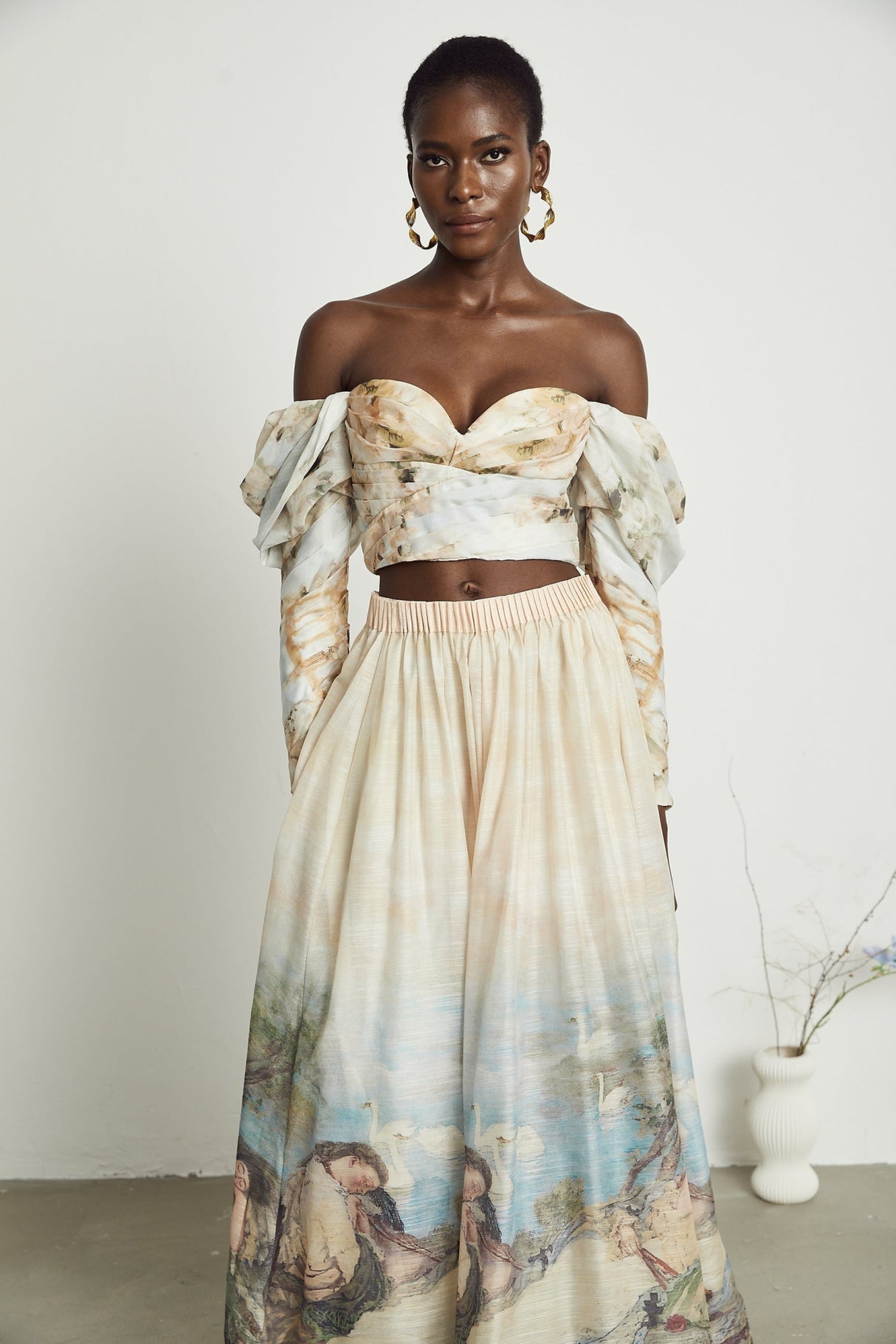 Sara Multicolor Neutrals Skirt & Top Set with Off - Shoulder Bustier Style