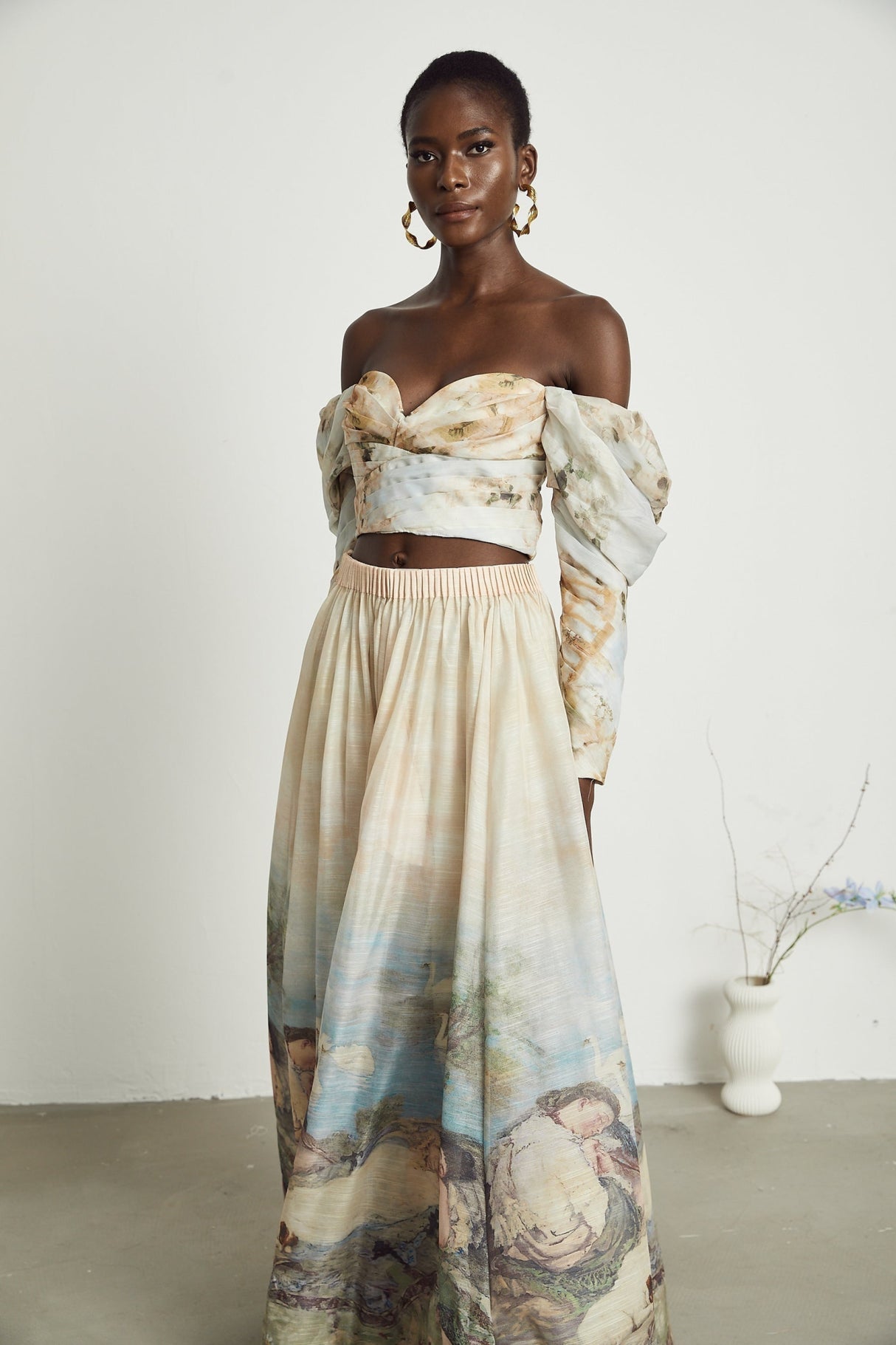 Sara Multicolor Neutrals Skirt & Top Set with Off - Shoulder Bustier Style